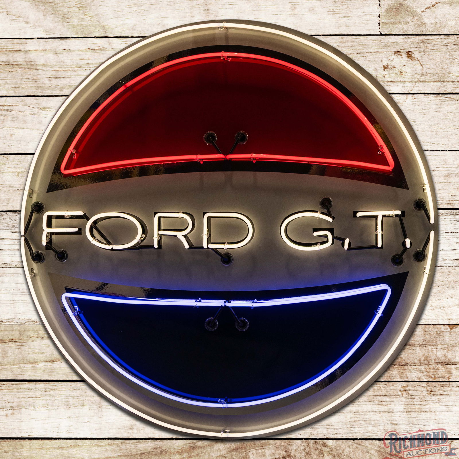 Custom Ford GT Single Sided Tin Neon Sign w/ Logo: SST (Single Sided Tin) custom neon sign with a new metal can has exceptional color and shine. The display features the renowned Ford G.T. logo with brilliant three-color neon. The sign is in