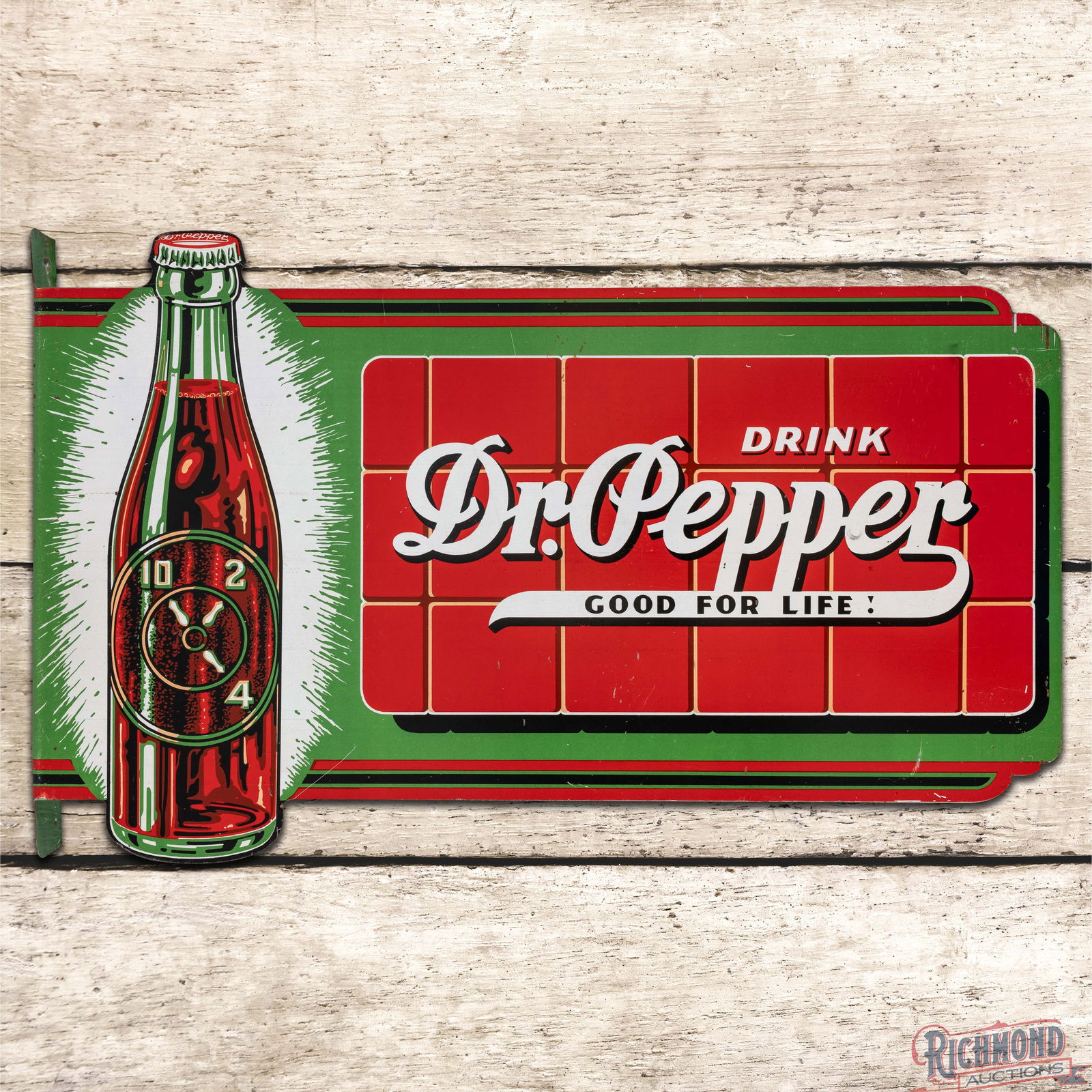Drink Dr. Pepper "Good for Life!" Die Cut Double Sided Tin Flange Sign w/ Bottle: DST (Double Sided Tin) die cut flange has excellent color and shine. The display has light wear with small paint chips in the fields. The reverse has additional surface wear with factory blemishes