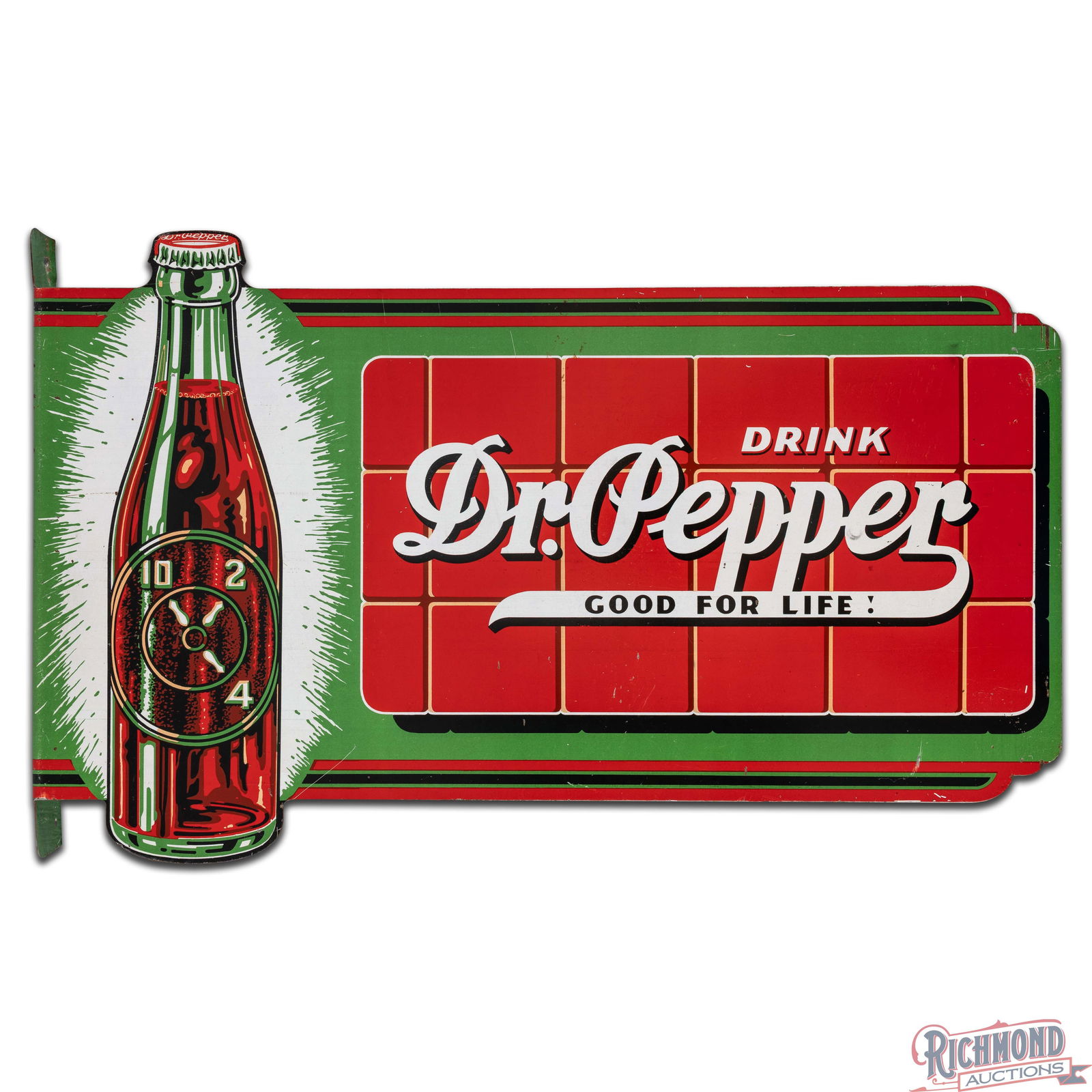 Drink Dr. Pepper "Good for Life!" Die Cut Double Sided Tin Flange Sign w/ Bottle - 2