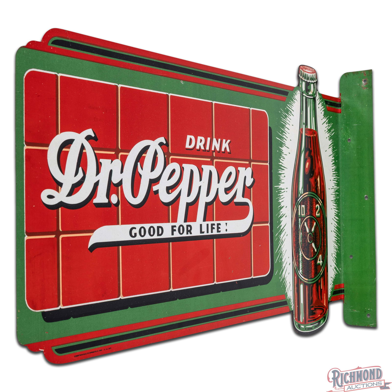 Drink Dr. Pepper "Good for Life!" Die Cut Double Sided Tin Flange Sign w/ Bottle - 4