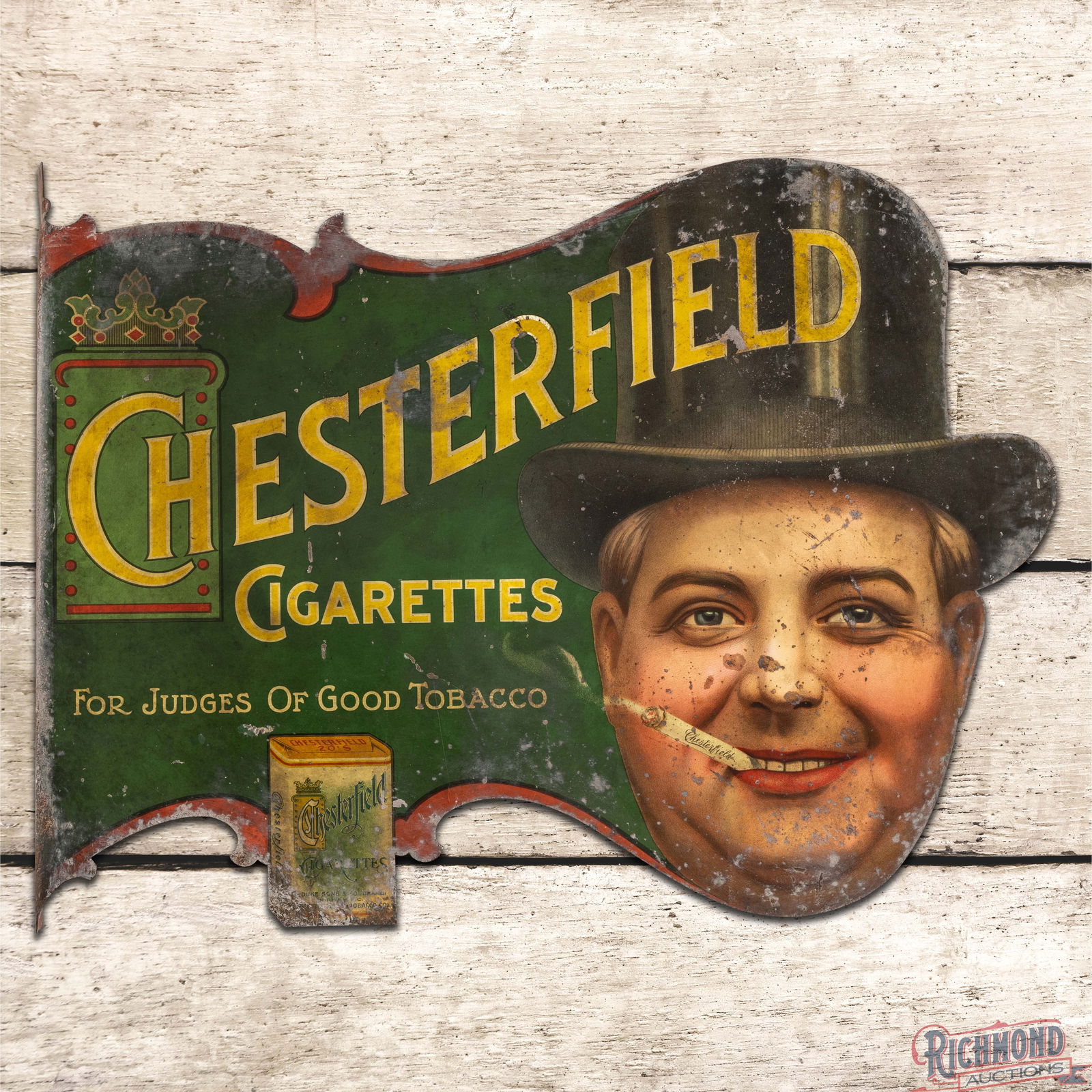 Scarce Chesterfield Cigarettes Die Cut Double Sided Tin Litho Flange Sign w/ Smoking Man: DST (Double Sided Tin) die cut lithograph flange sign has good color and shine. The flange has amazing graphics with a gentleman smoking and a cigarette pack in the lower field. The display has areas