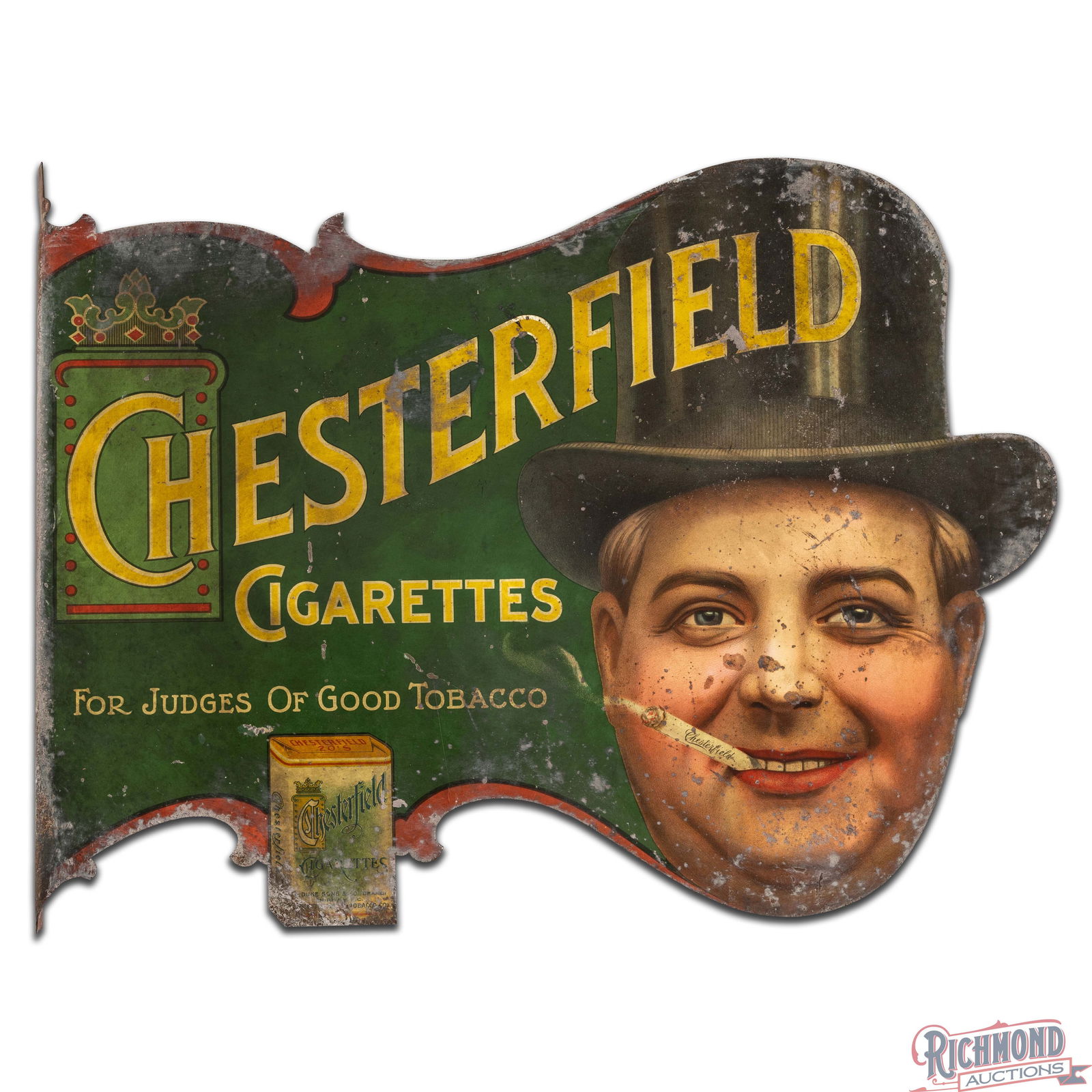 Scarce Chesterfield Cigarettes Die Cut Double Sided Tin Litho Flange Sign w/ Smoking Man - 2