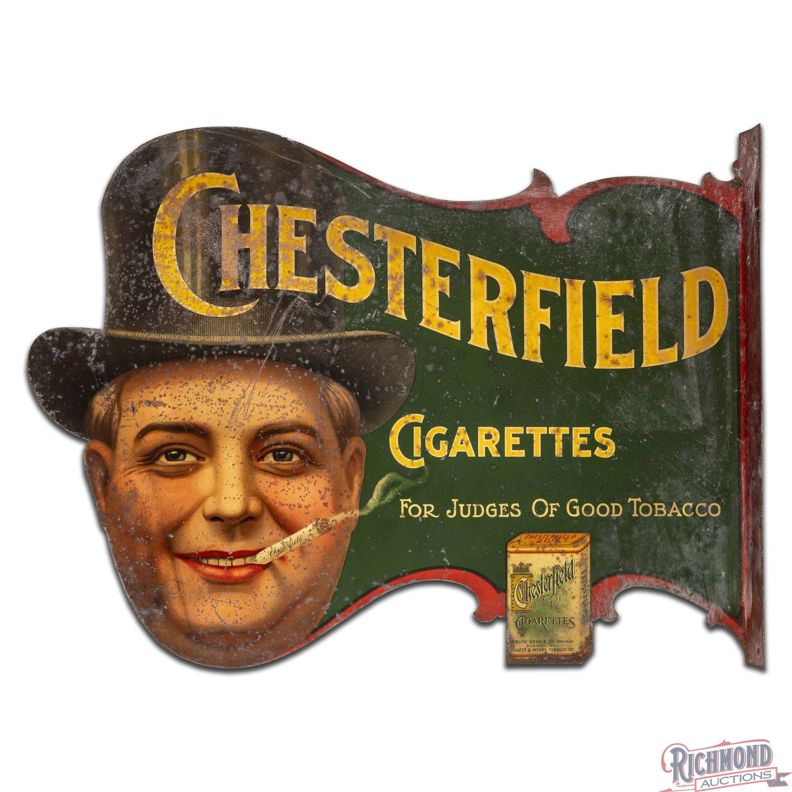 Scarce Chesterfield Cigarettes Die Cut Double Sided Tin Litho Flange Sign w/ Smoking Man - 3