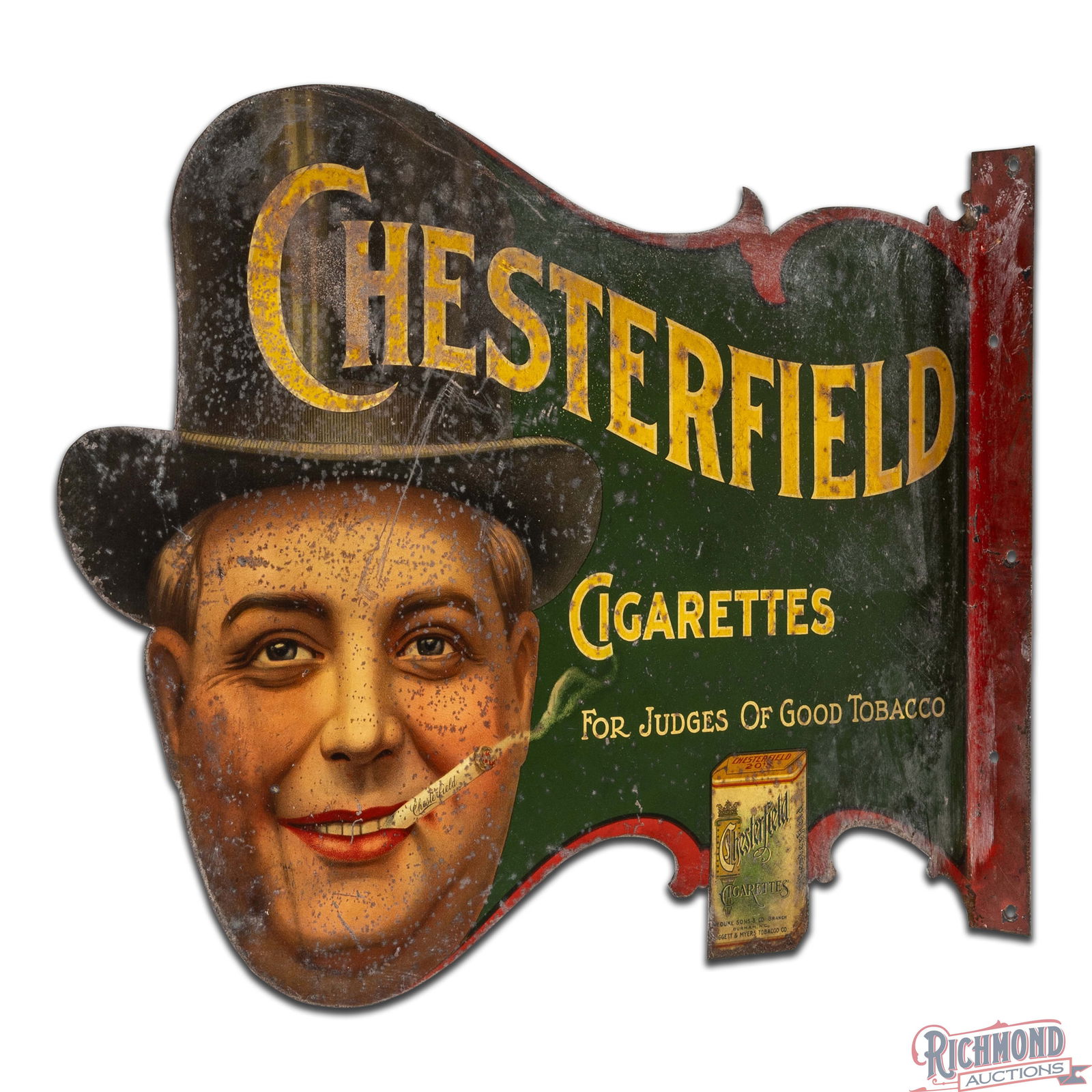 Scarce Chesterfield Cigarettes Die Cut Double Sided Tin Litho Flange Sign w/ Smoking Man - 4