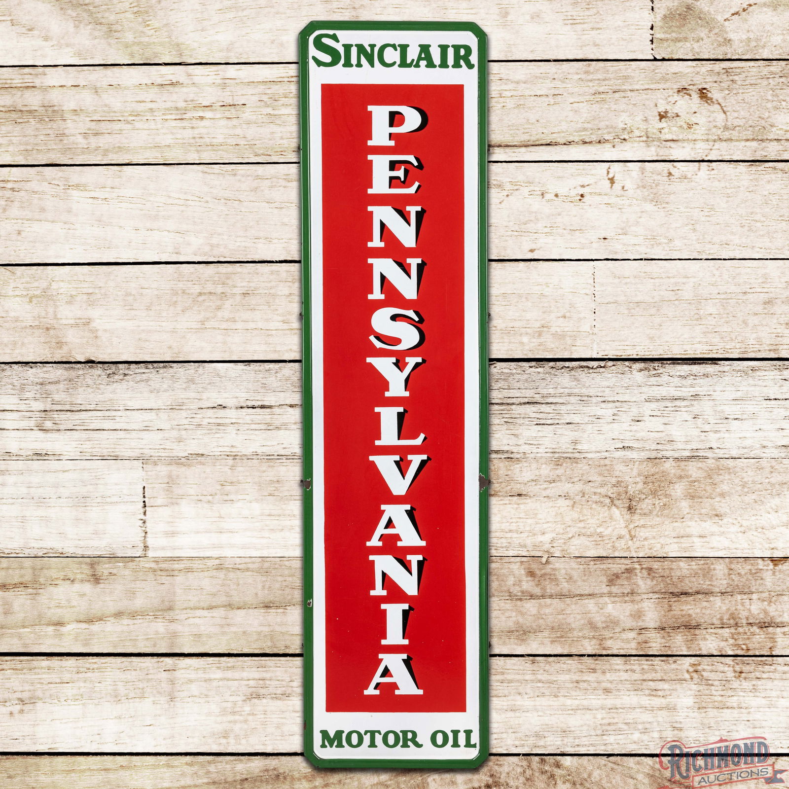 Impressive Sinclair Pennsylvania Motor Oil 5' Single Sided Porcelain Sign: SSP (Single Sided Porcelain) self-framed sign has excellent color and gloss. The fields are very clean overall with minor surface imperfections. The perimeter has chips at the mounting holes and