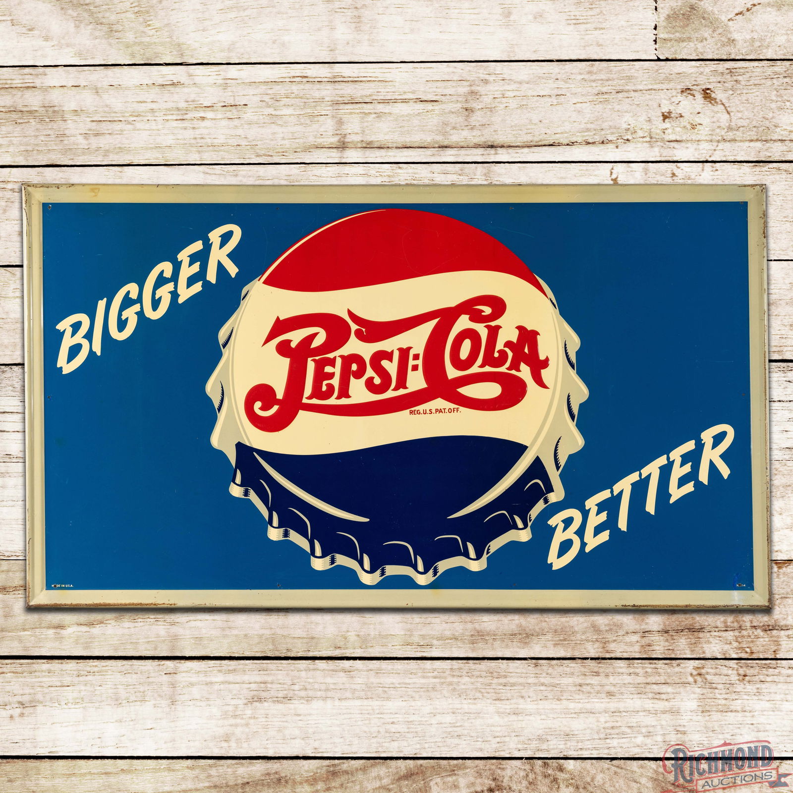 Scarce Pepsi Cola "Bigger Better" 56" Emb. Single Sided Tin Sign w/ Double Dot Logo: SST (Single Sided Tin) embossed self-framed sign has excellent color and shine. The display features a large, heavily embossed double dot Pepsi bottle cap flanked by "Bigger Better" lettering. The