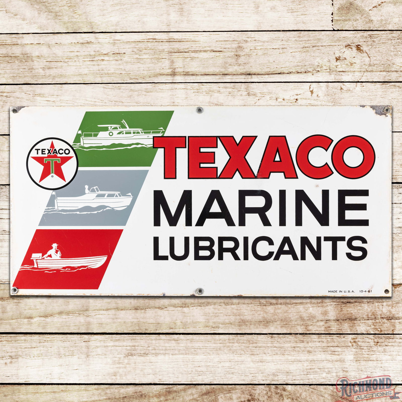 1961 Texaco Marine Lubricants Single Sided Porcelain w/ Ships & Logo: SSP (Single Sided Porcelain) sign has good color and gloss. The white porcelain enamel has toning throughout with small scuffs, bruises and fine scratches. The perimeter has small chips with