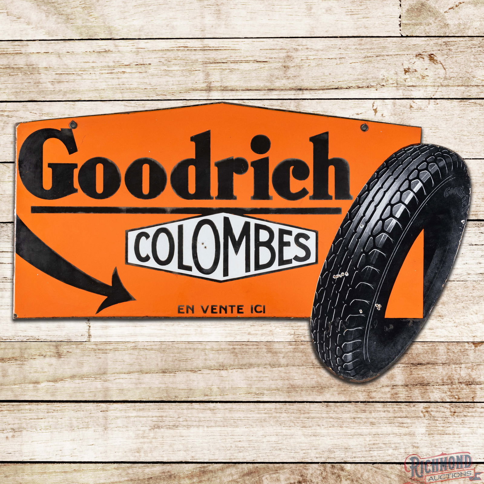 Goodrich Colombes Die Cut Double Sided Porcelain Flange Sign w/ Tire: DSP (Double Sided Porcelain) die cut flange has excellent color and gloss. Side #1 has a clean field with small chips and minor crazing in the left outer field at the tire logo. The perimeter has