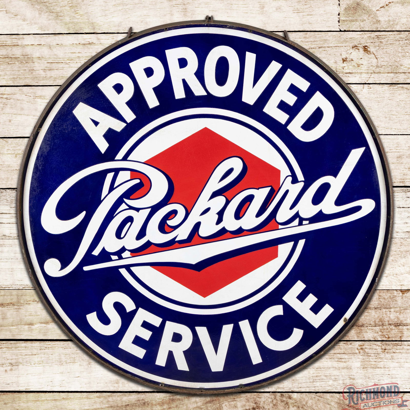 Packard Approved Service 5' Double Sided Porcelain Sign w/ Ring: DSP (Double Sided Porcelain) sign very good color and gloss. The display has surface wear with fine scratches and small chips along the perimeter. The reverse has a fine scratch in the upper field
