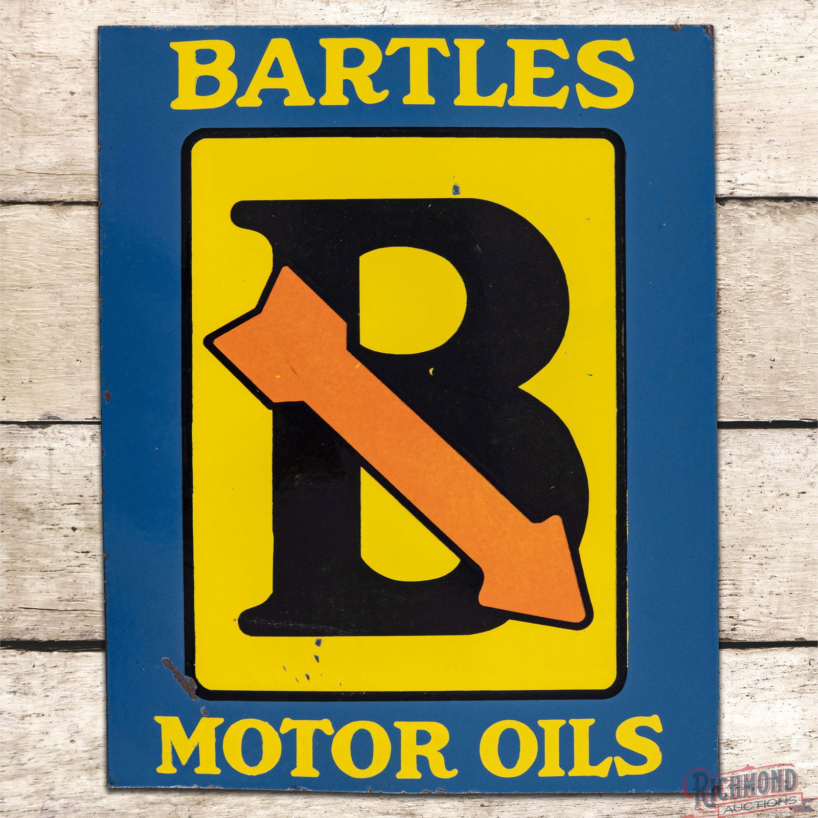 Bartles Motor Oils Double Sided Porcelain Flange Sign w/ Logo: DSP (Double Sided Porcelain) flange has excellent color and gloss. Side #1 has light surface wear with small chips in the fields and a slight bow on the lower left corner. The perimeter has small