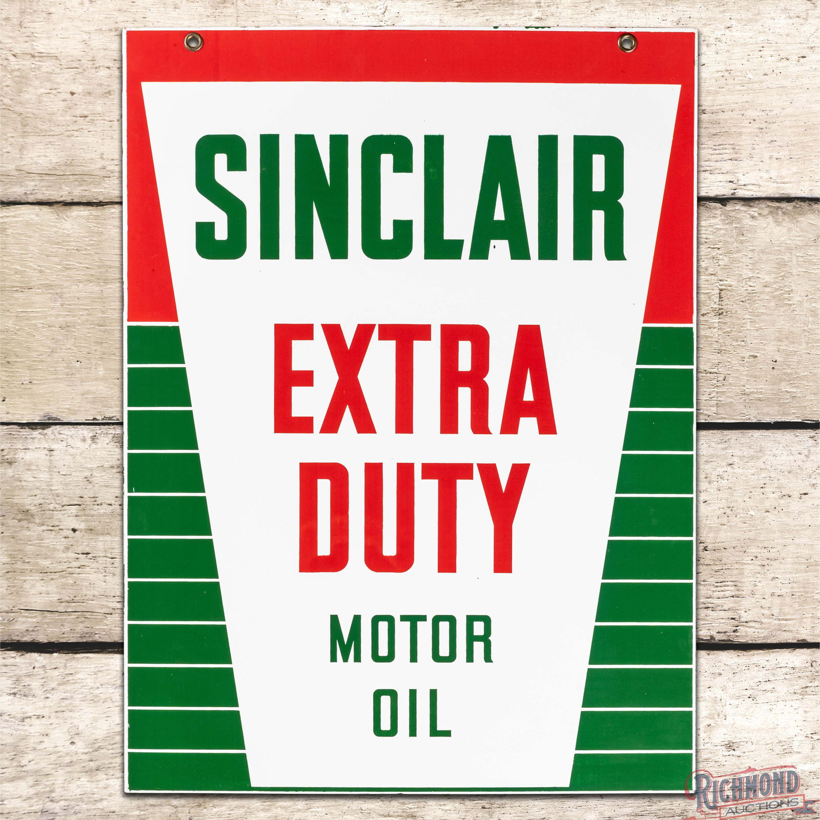 Superb Sinclair Extra Duty Motor Oil Double Sided Porcelain Sign: DSP (Double Sided Porcelain) sign has day one color and gloss. The display has a clean field and perimeter with minor factory imperfections. The reverse is very similar to the display with a tiny