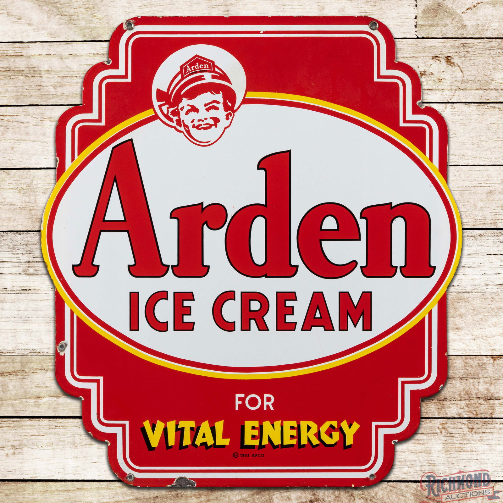 Arden Ice Cream "For Vital Energy" Die Cut Double Sided Porcelain Sign w/ Arden Boy: DSP (Double Sided Porcelain) die cut sign has outstanding color and gloss. The display has a clean field with minor factory imperfections. The perimeter has small chips at the mounting holes and
