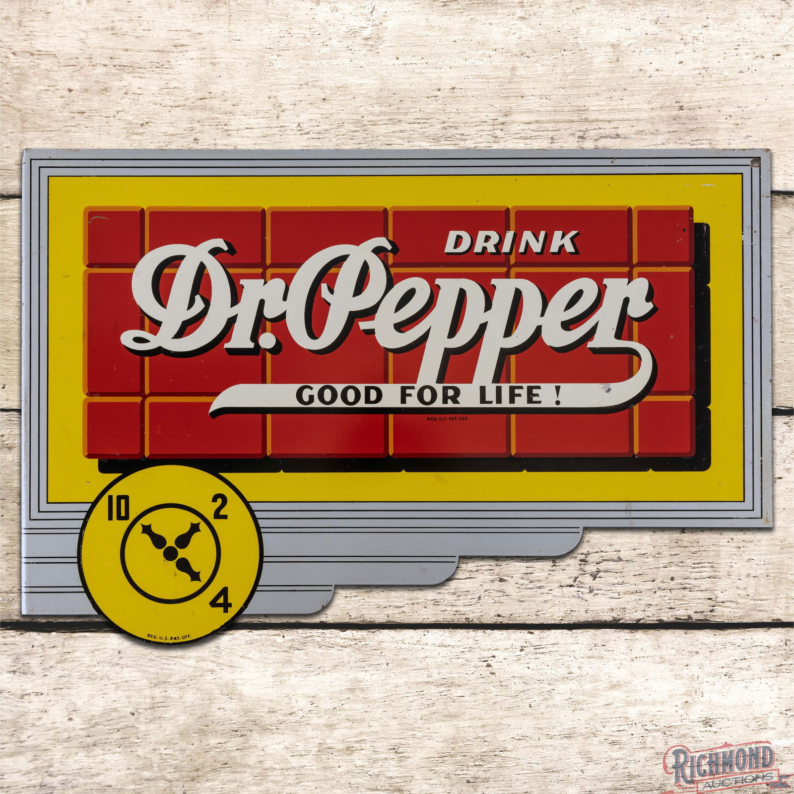 Drink Dr. Pepper "Good for Life!" Die Cut Double Sided Tin Flange 10-2-4: DST (Double Sided Tin) die cut flange has excellent color and shine. Side #1 has light wear, small paint chips and scratches in the outer fields. The perimeter has scuffs with errant white paint near
