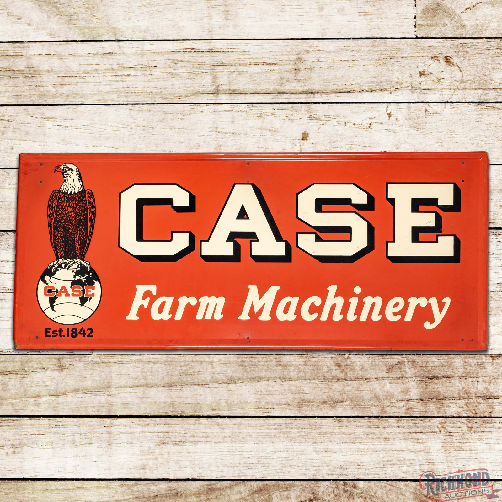 Case Farm Machinery 6' Emb. Single Sided Tin Sign w/ Abe & World Logo: SST (Single Sided Tin) embossed self-framed sign has good color and shine. The field has light wear with small paint chips, a fine scratch in the Abe logo, and surface rubs to the lower "Farm