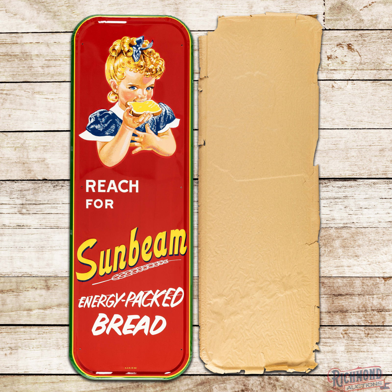 NOS 1953 Reach for Sunbeam "Energy Packed Bread" Emb. Single Sided Tin Sign w/ Paper: NOS (New Old Stock) SST (Single Sided Tin) embossed self-framed sign with factory paper has outstanding color and shine. The sign features a heavily embossed, highly detailed graphic of Little Miss