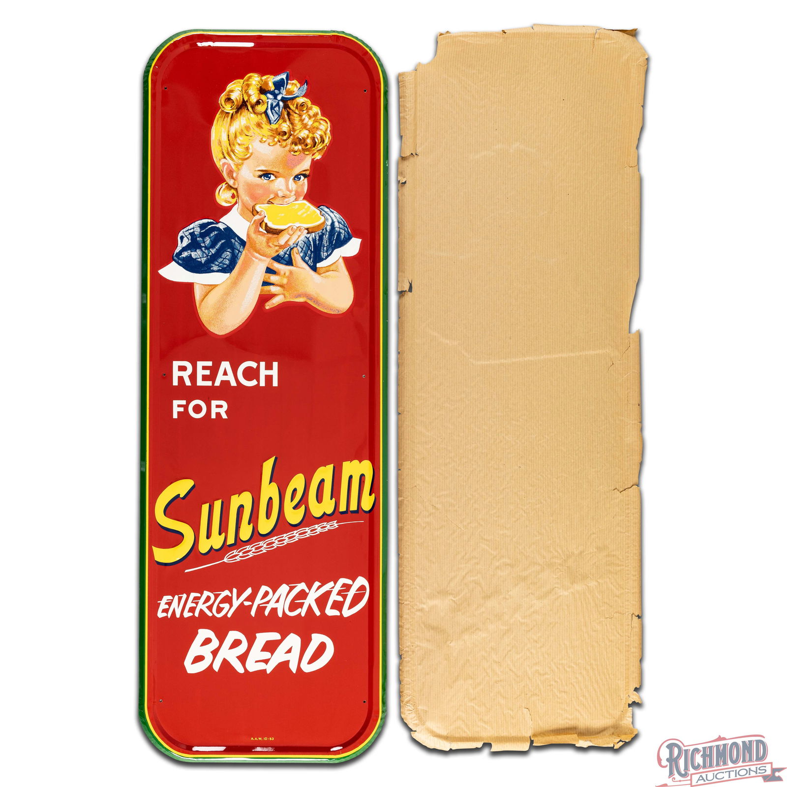 NOS 1953 Reach for Sunbeam "Energy Packed Bread" Emb. Single Sided Tin Sign w/ Paper - 2