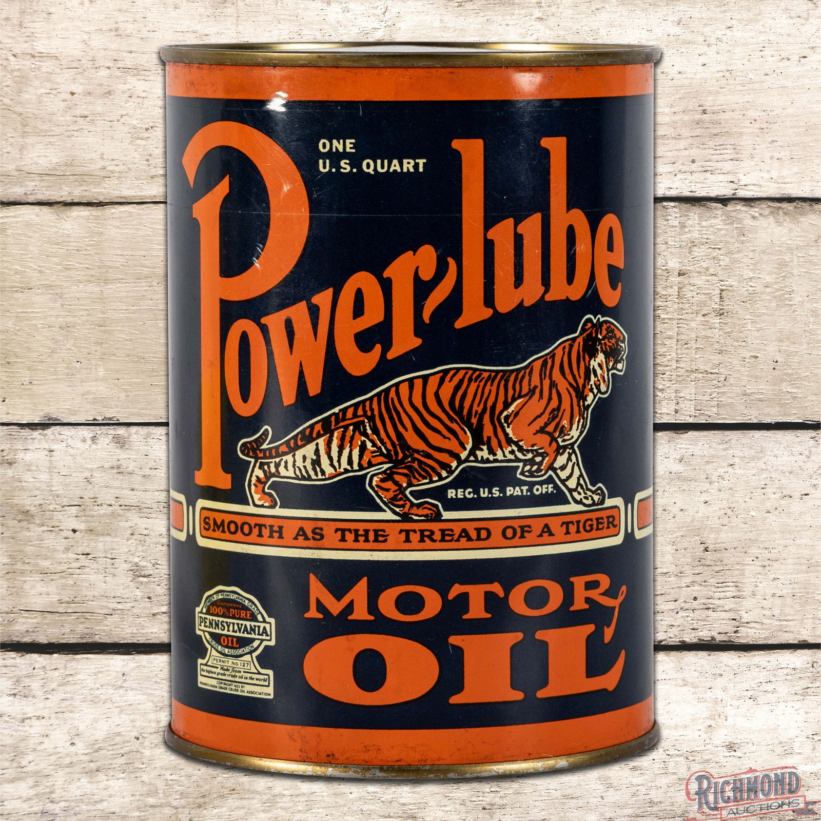 Outstanding NOS Powerlube Motor Oil FULL 1 Quart Metal Can Denver Colorado w/ Tiger: NOS (New Old Stock) full one quart metal can has day one color and shine. The can features a large tiger graphic with the slogan "Smooth as the Tread of a Tiger" under the graphic. The field is very