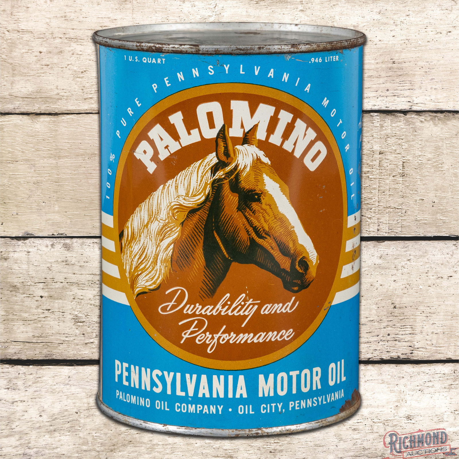 Outstanding Palomino Pennsylvania Motor Oil "Durability and Performance" FULL 1 Quart Metal Can: Scarce full metal one quart oil can has excellent color and shine. Side #1 features a large Palomino graphic in the field. The display has light wear with paint chips in the right outer field and