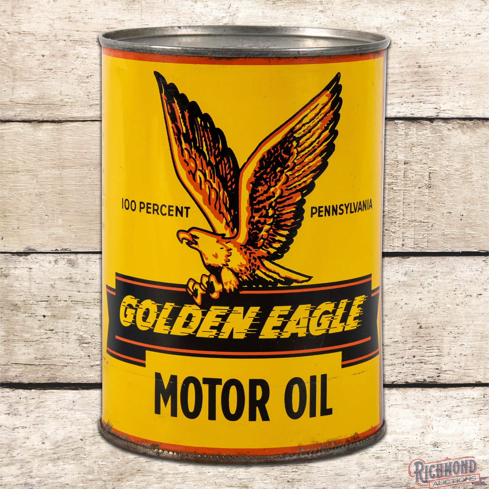 Rare Golden Eagle Motor Oil 1 Quart Metal Can Santa Fe Springs California: One quart empty metal can has outstanding color and shine. The can is missing the lower lid and has one tiny non-factory hole along the upper edge on the side. The display has a clean Golden Eagle