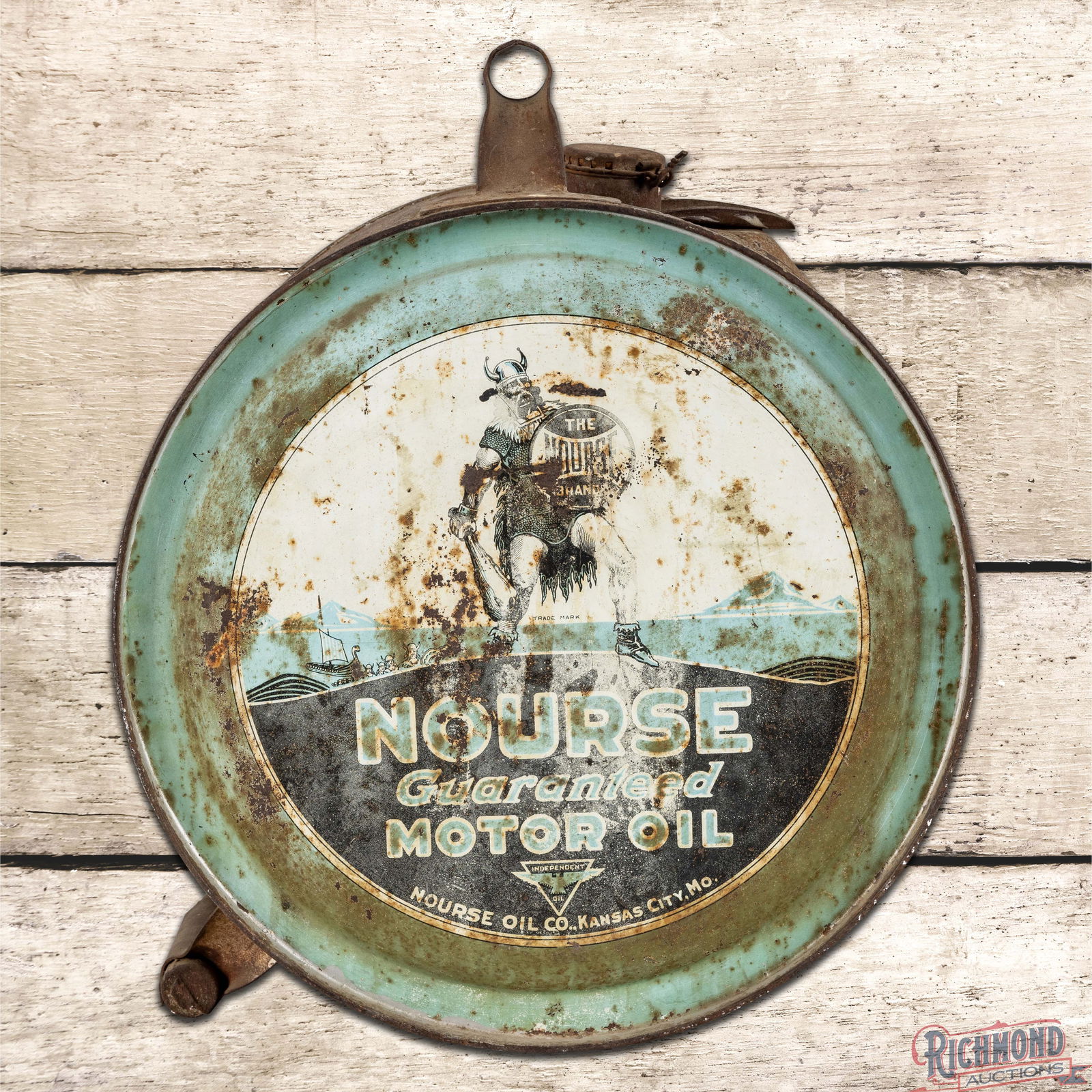 Nourse Guaranteed Independent Motor Oil 5 Gallon Metal Rocker Can w/ Viking: Empty metal rocker can with the original cap has good color and shine. Side #1 features a large Viking graphic with scratches, paint chips and discoloration. The reverse has additional wear with