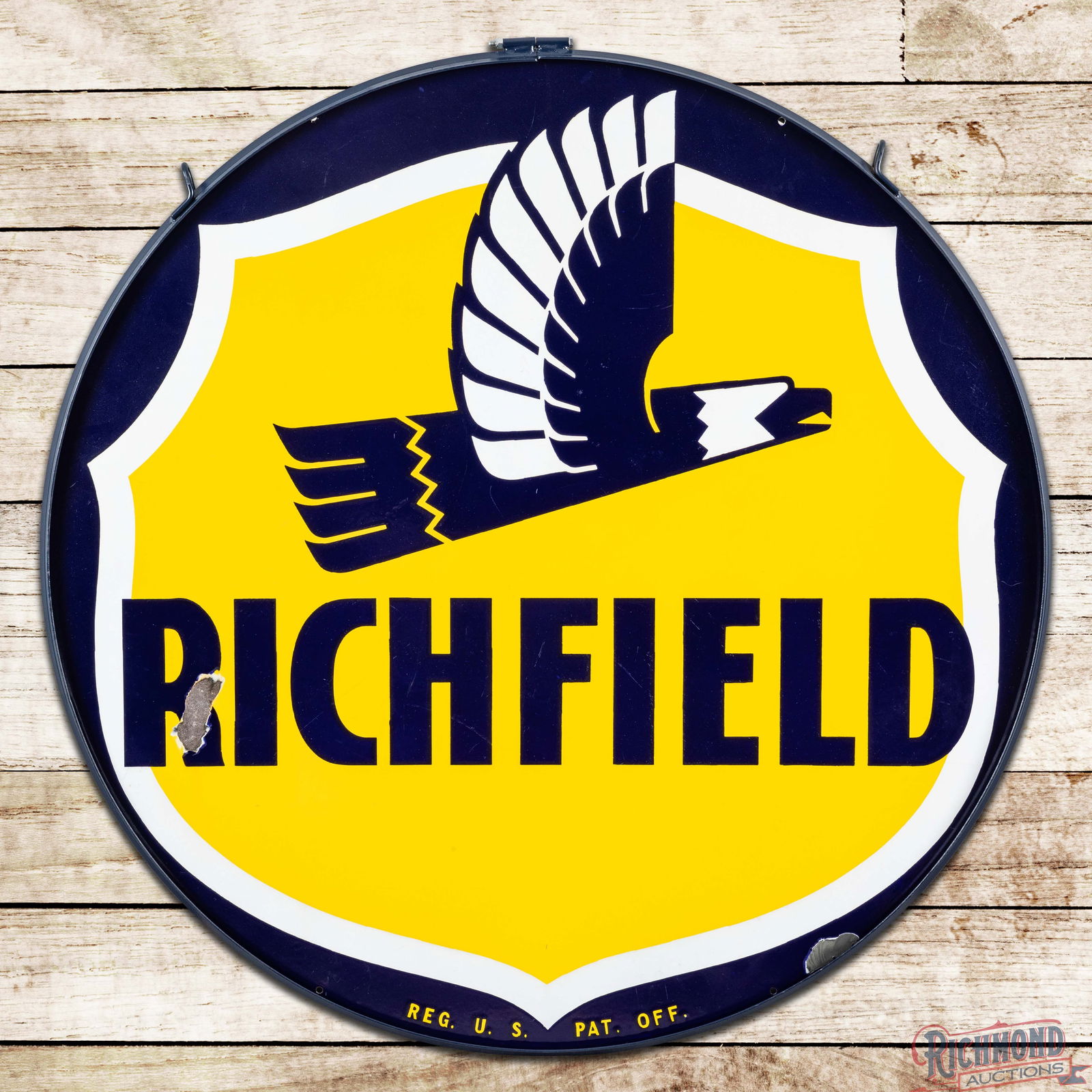 Scarce Richfield Gasoline 48" Double Sided Porcelain ID Sign w/ Ring & Eagle: Outstanding DSP (Double Sided Porcelain) sign with a metal ring has excellent color and gloss. This is the rarest of the three Richfield Service Station ID signs, measuring 48" in diameter. The