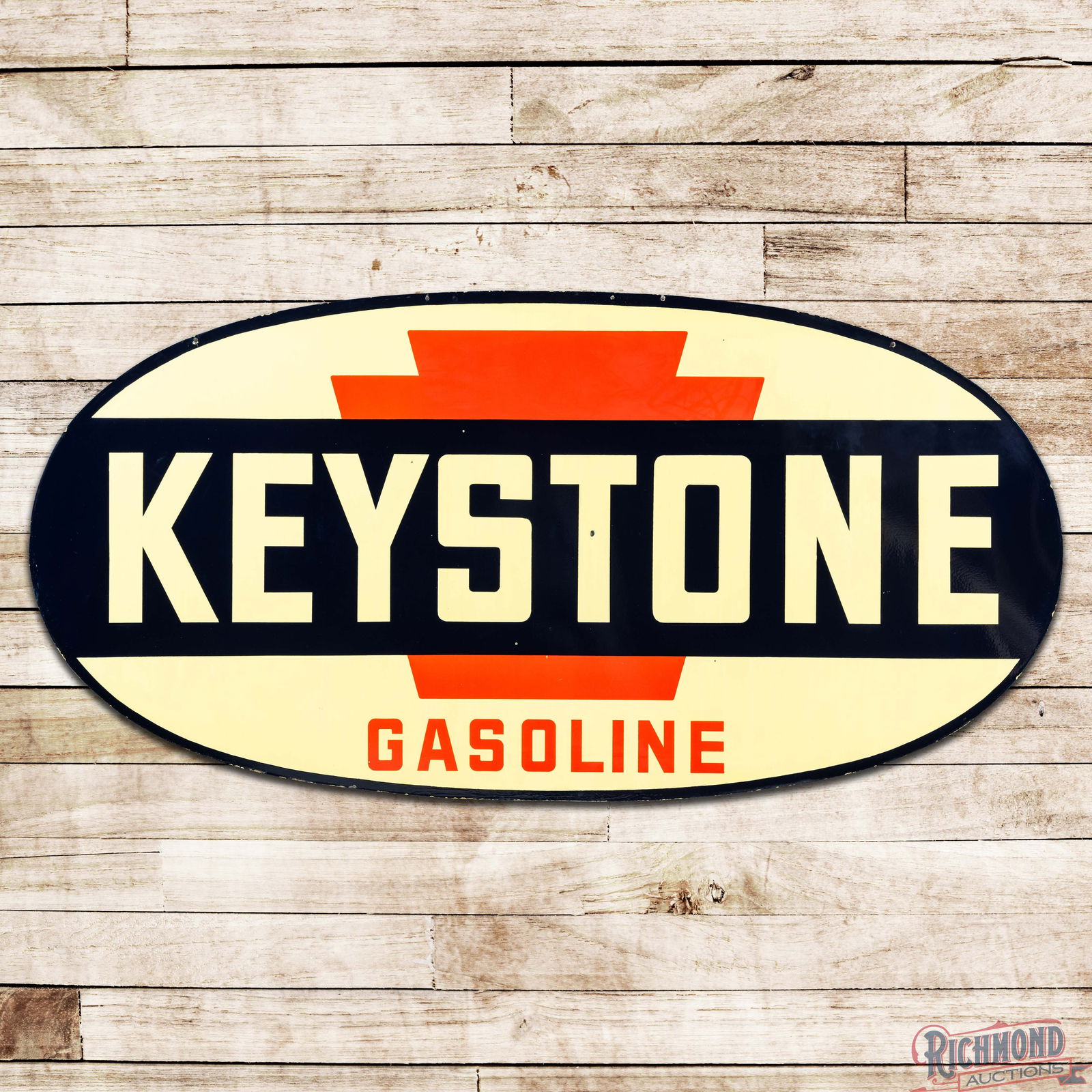 Fantastic Keystone Gasoline 8' Double Sided Porcelain ID Sign w/ Logo: DSP (Double Sided Porcelain) sign has day one color and gloss. The display is extremely clean overall with small chips and minor discoloration in the fields. The perimeter has small chips at the mount