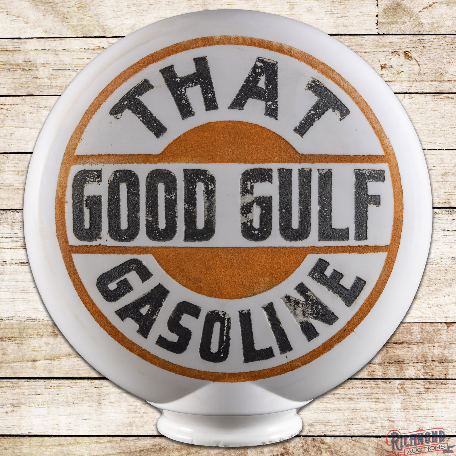 That Good Gulf Gasoline OPE Milk Glass Body Globe: OPE (one-piece etched) milk glass globe with original paint has good color. Side #1 has areas of toning and wear to the paint with errant green paint along the right hand side. The reverse has