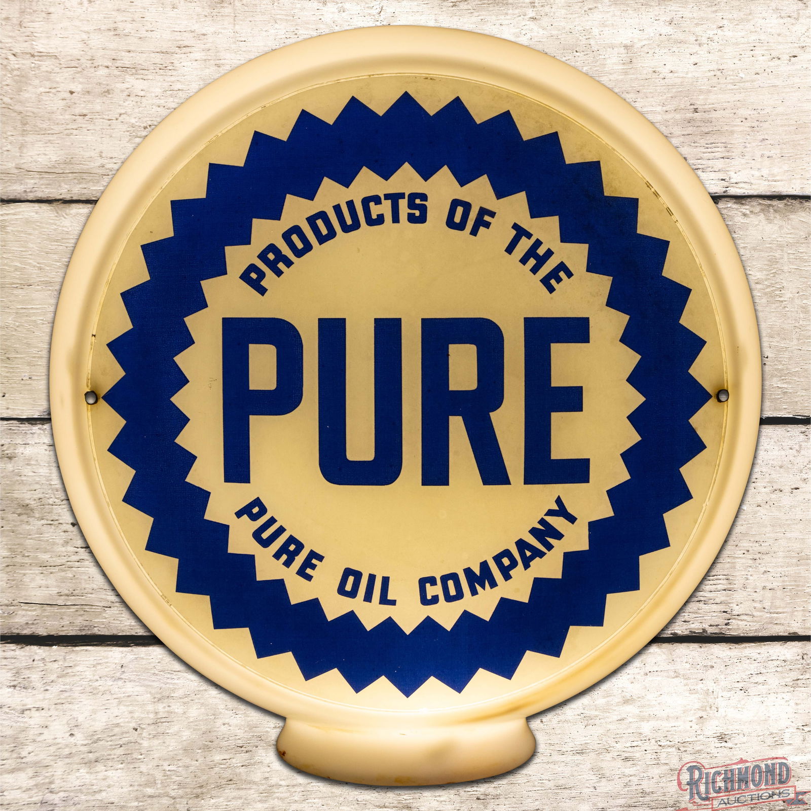 Products of the Pure Oil Company Gasoline 13.5" Complete Milk Glass Body Gas Pump Globe: Two 13.5" lenses mounted in a wide milk glass body have excellent color. Lens #1 has small fine scratches in the fields with areas of spotting and minor discoloration in the outer fields and perimeter