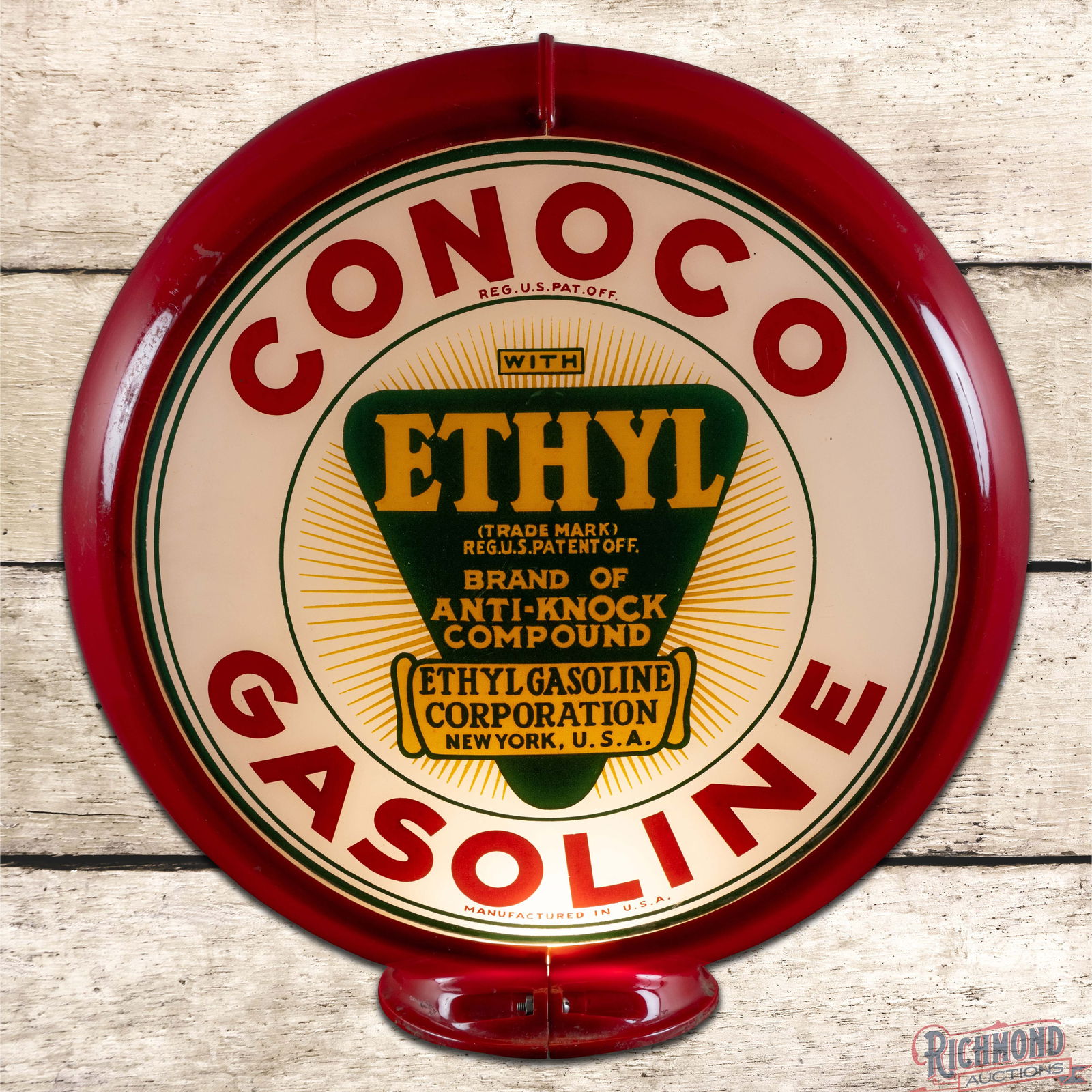 Conoco Ethyl Gasoline Complete 13.5" Red Capco Body Gas Pump Globe: Two 13.5" lenses mounted in a red Capco body have excellent color. Lens #1 has fine scratches in the fields with small chips at the notches which are visible from inside of the body. Lens #2 has