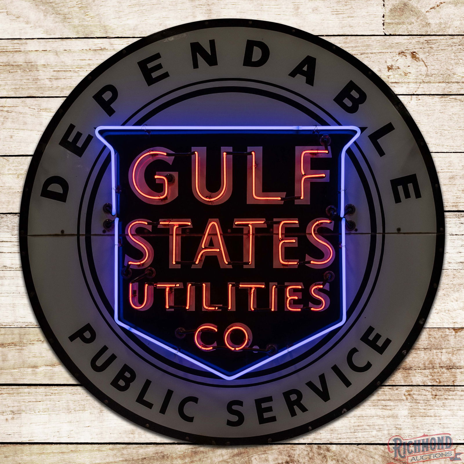 Scarce Gulf States Utilities Co. "Dependable Public Service" 5" DS Porcelain Factory Neon Sign: DSP (Double Sided Porcelain) factory neon sign with the original metal can has excellent color and gloss. The sign features vibrant two-color neon with the Gulf States Utilities logo in the center fie