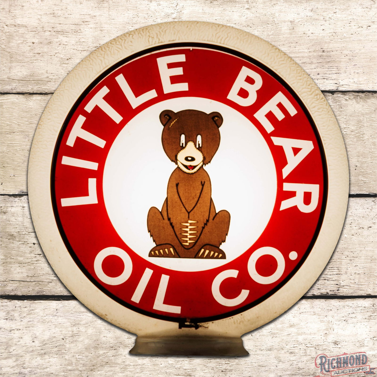 Impressive Little Bear Oil Co. 13.25" Complete Gill Ripple Gas Pump Globe: This extremely rare globe is a previously unknown example and new discovery. The known examples say Little Bear "Gasoline" instead of "Oil Company."Little Bear Oil Company was in operation by 1939 in