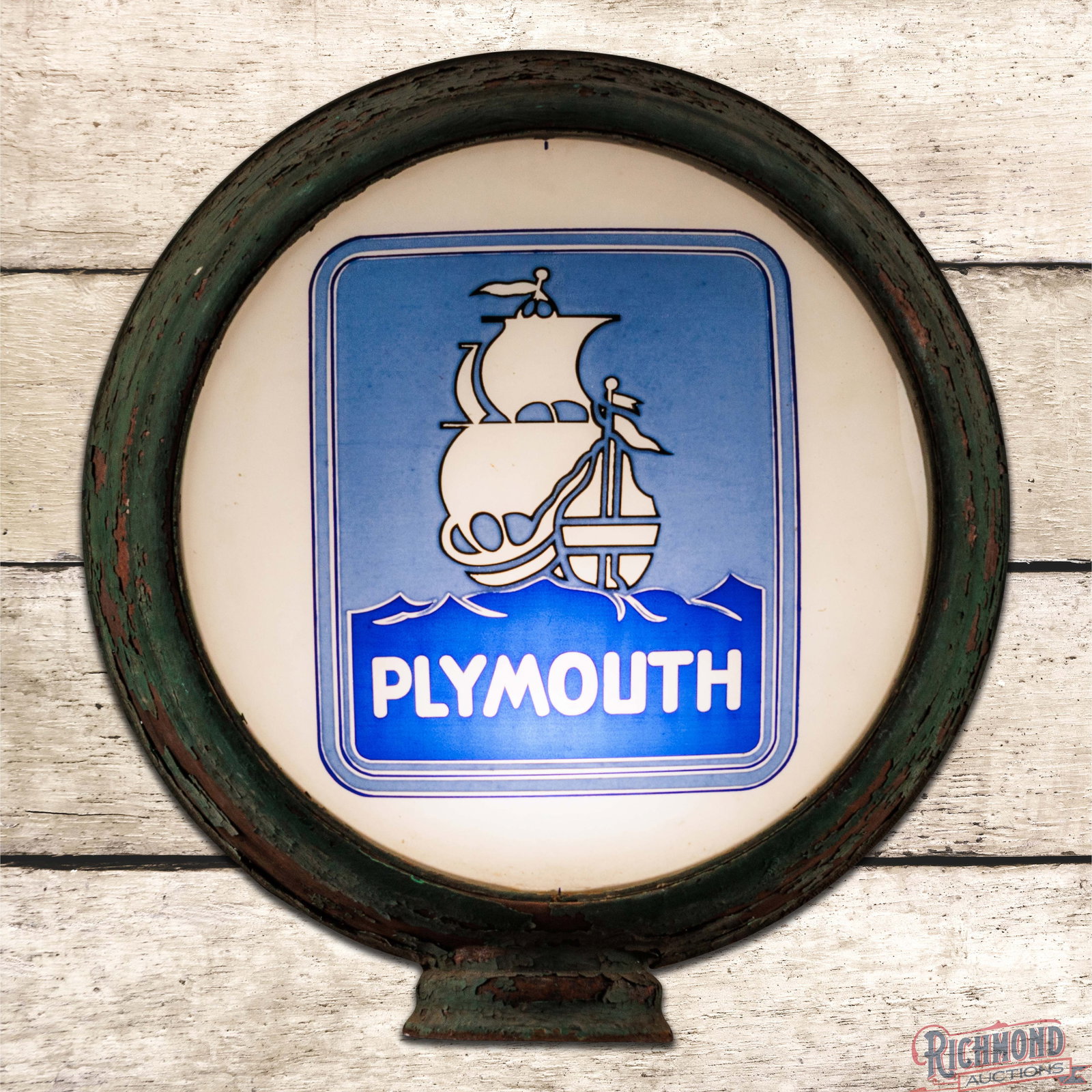 Plymouth Automobiles Single 16.5" Lens w/ Original HP Metal Gas Pump Globe Body "Ship Logo": Scarce single 16.5" lens mounted in an original paint high profile metal body. The lens has excellent color and features the early Plymouth ship logo. The display is very clean overall with minor surf