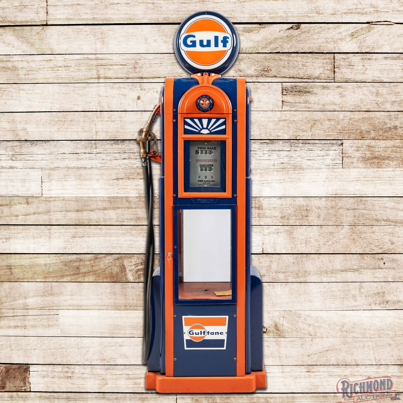 Wayne Model #60 Showcase Gas Pump Restored Gulf Gasoline: Wayne Model #60 showcase gas pump has been professionally restored. The pump features vibrant orange and blue paint with high gloss. The finish exhibits light wear with small scuffs and imperfections.