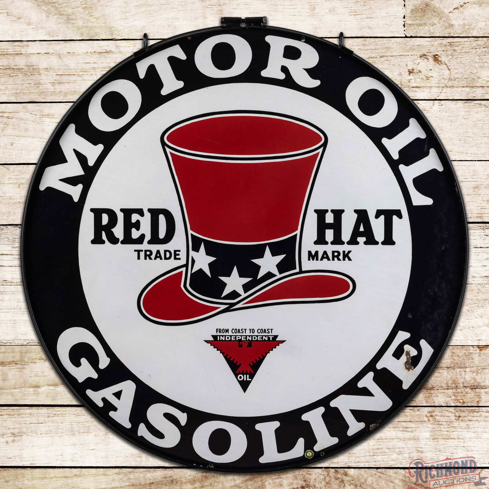 Exceptionally Rare Red Hat Motor Oil Gasoline 48" Double Sided Porcelain Logo Sign w/ Ring: Arguably the most difficult Red Hat sign to find, this example presents a rare opportunity to purchase a true, high condition Petroliana Holy Grail. The sign presents with excellent color and gloss, a