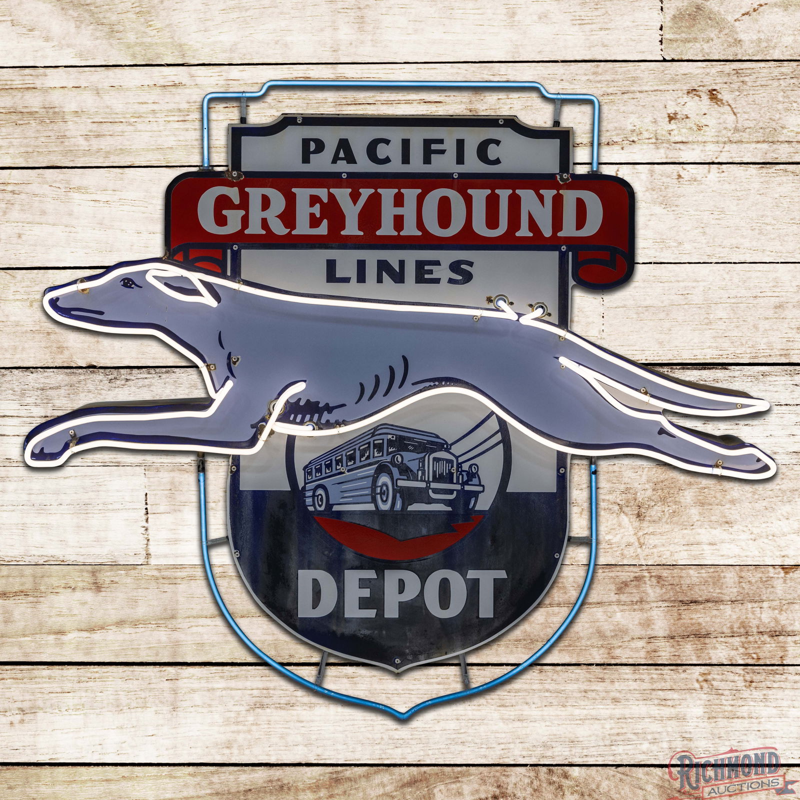 Scarce Pacific Greyhound Lines Depot 5' Die Cut Single Sided Porcelain Factory Neon Sign Bus & Logo: SSP (Single Sided Porcelain) die cut factory neon sign with the original metal can has good color and gloss. The sign features two-color neon with a factory outlined Greyhound graphic and perimeter ne