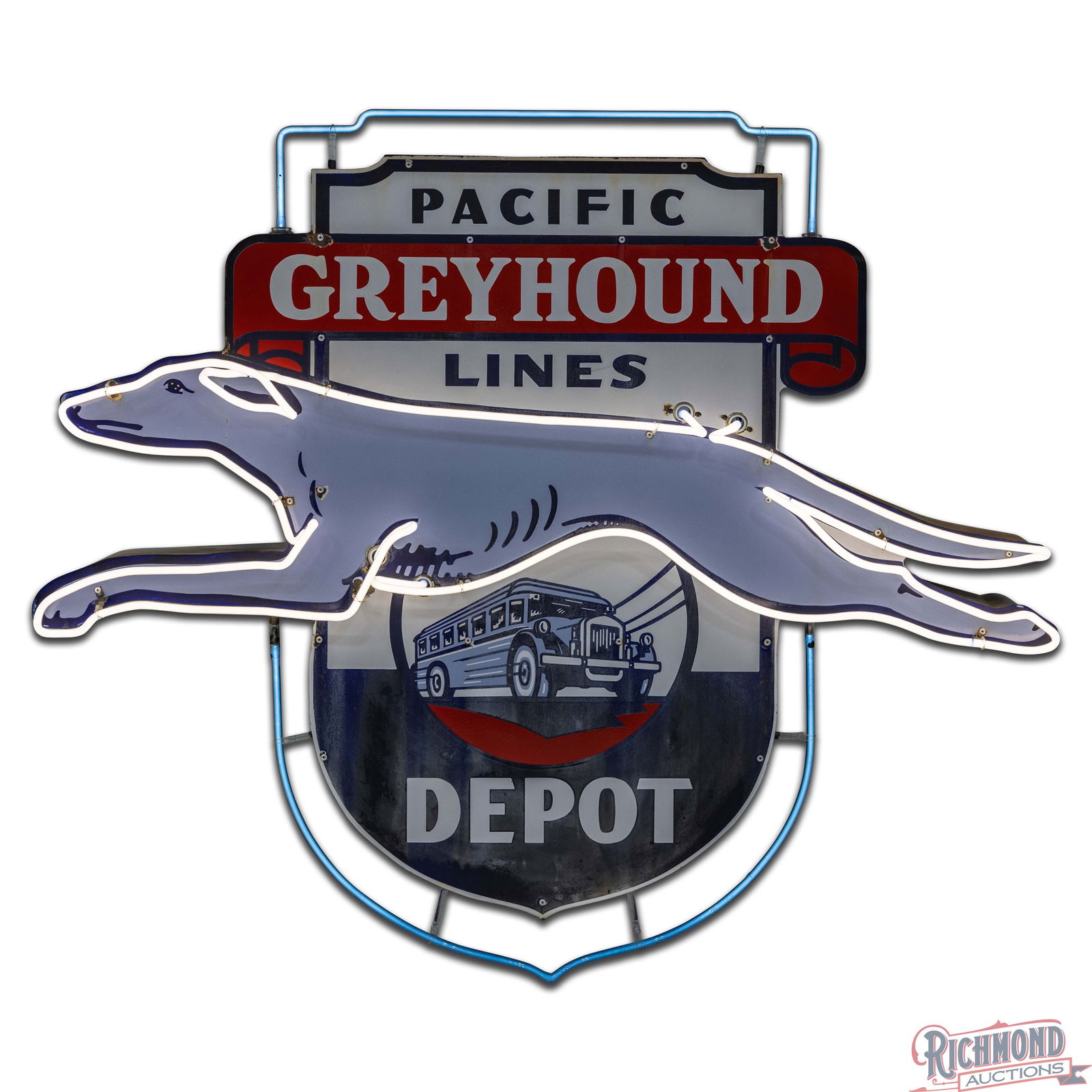 Scarce Pacific Greyhound Lines Depot 5' Die Cut Single Sided Porcelain Factory Neon Sign Bus & Logo - 2