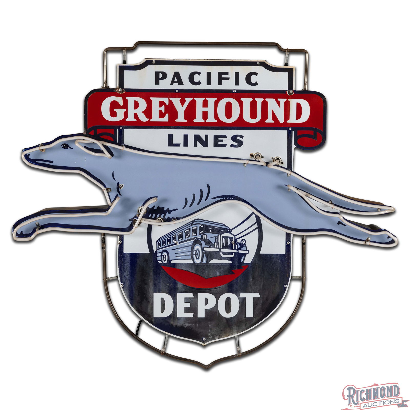 Scarce Pacific Greyhound Lines Depot 5' Die Cut Single Sided Porcelain Factory Neon Sign Bus & Logo - 3