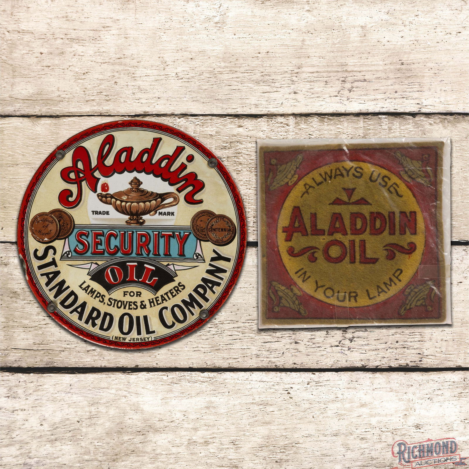 Amazing Scarce Standard Oil Company of NJ Aladdin Security Oil 9.25" Single Sided Porcelain Sign: Outstanding SSP (Single Sided Porcelain) sign has excellent color and gloss. The sign is exceptionally rare with this being the only example we have seen. Believed to be a wagon sign, circa