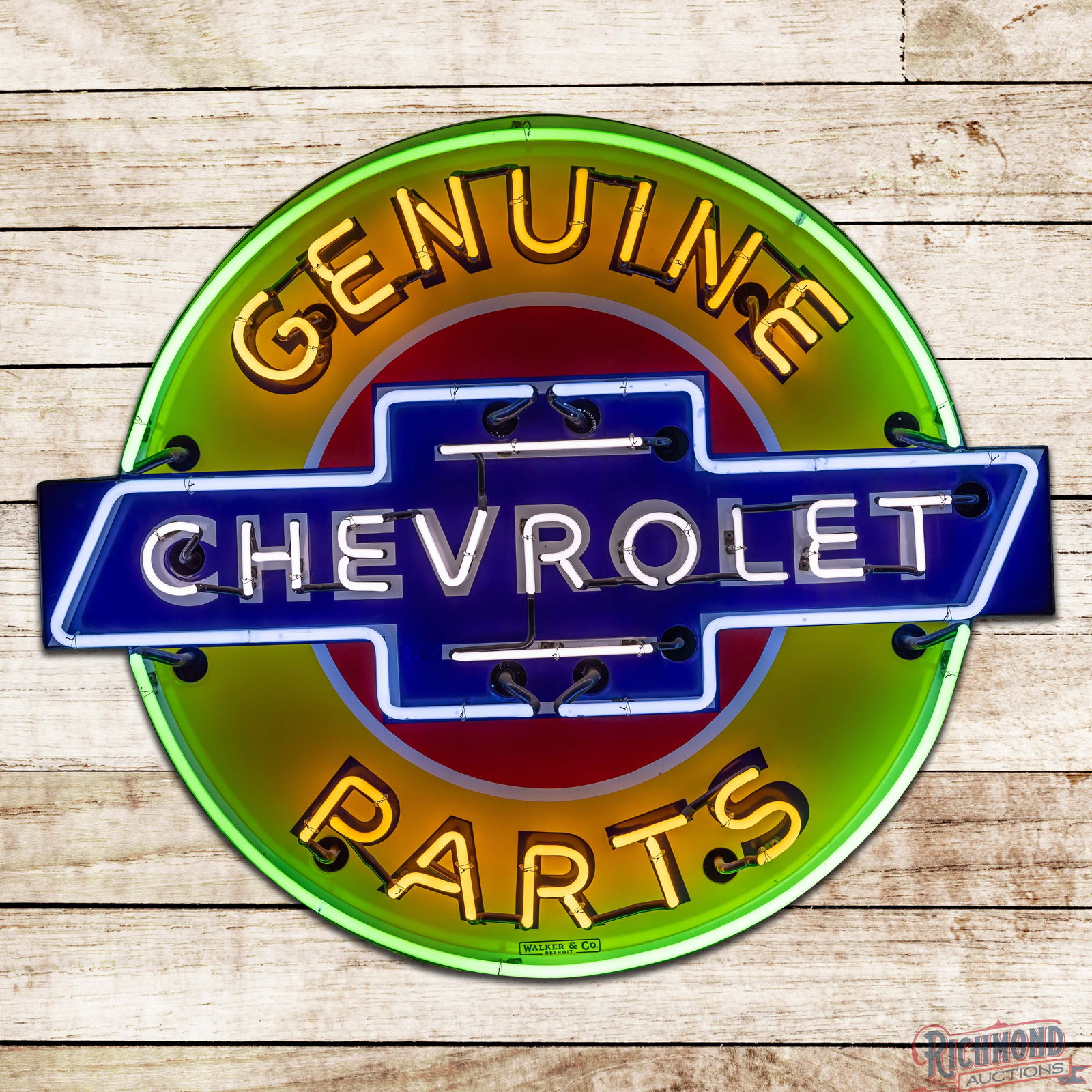 Scarce Genuine Chevrolet Parts 42" Double Sided Porcelain Factory Neon Sign: Amazing DSP (Double Sided Porcelain) factory neon sign with the original metal can has outstanding color and gloss. The sign features brilliant four-color neon with the scarce red, white, blue and yel
