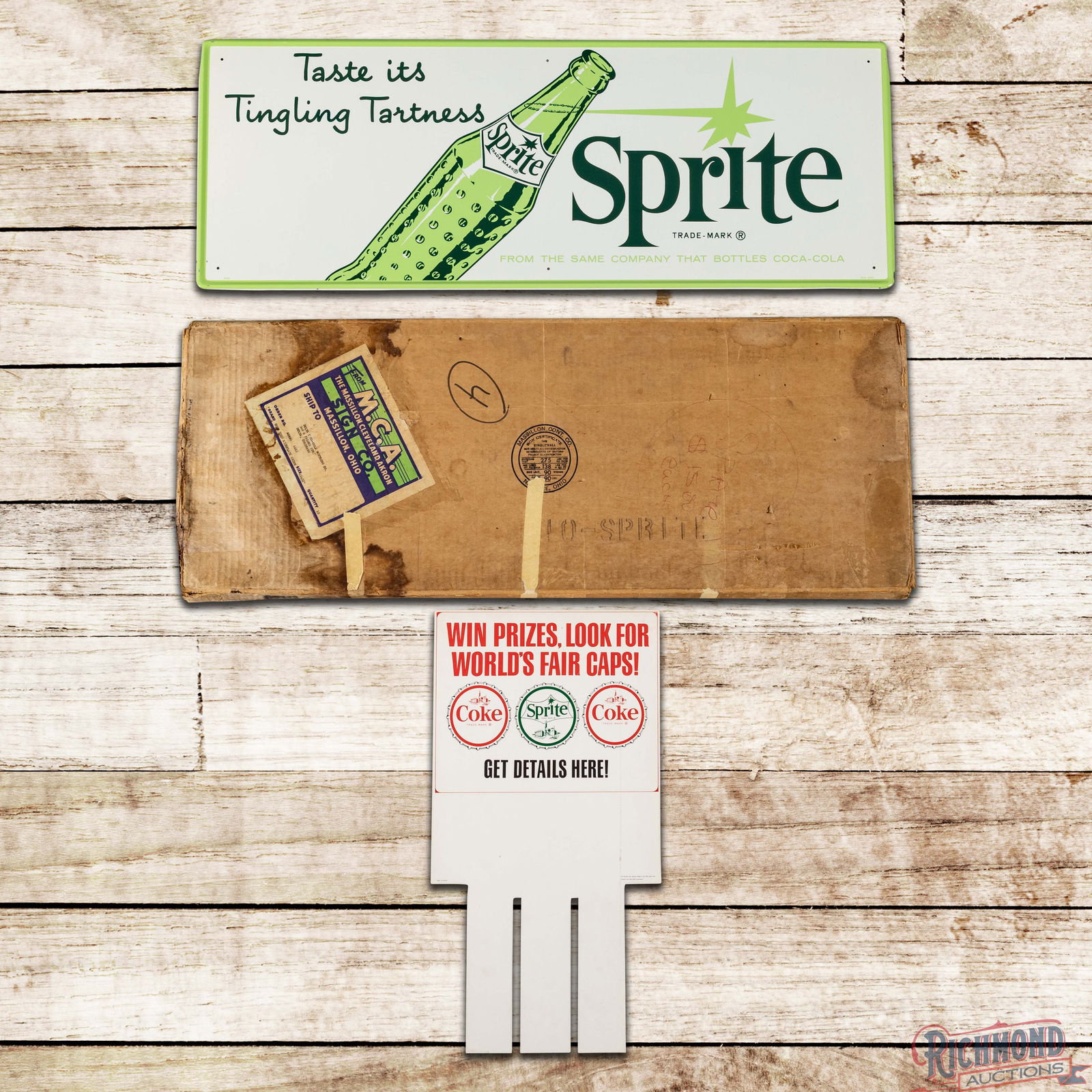 NOS Sprite "Taste its Tingling Tartness" Single Sided Tin Sign w/ Bottle Shipping Box & Insert: NOS (New Old Stock) SST (Single Sided Tin) self-framed sign with the original box, paper and World's Fair insert has day one color and shine. The fields are clean with minor storage marks. The