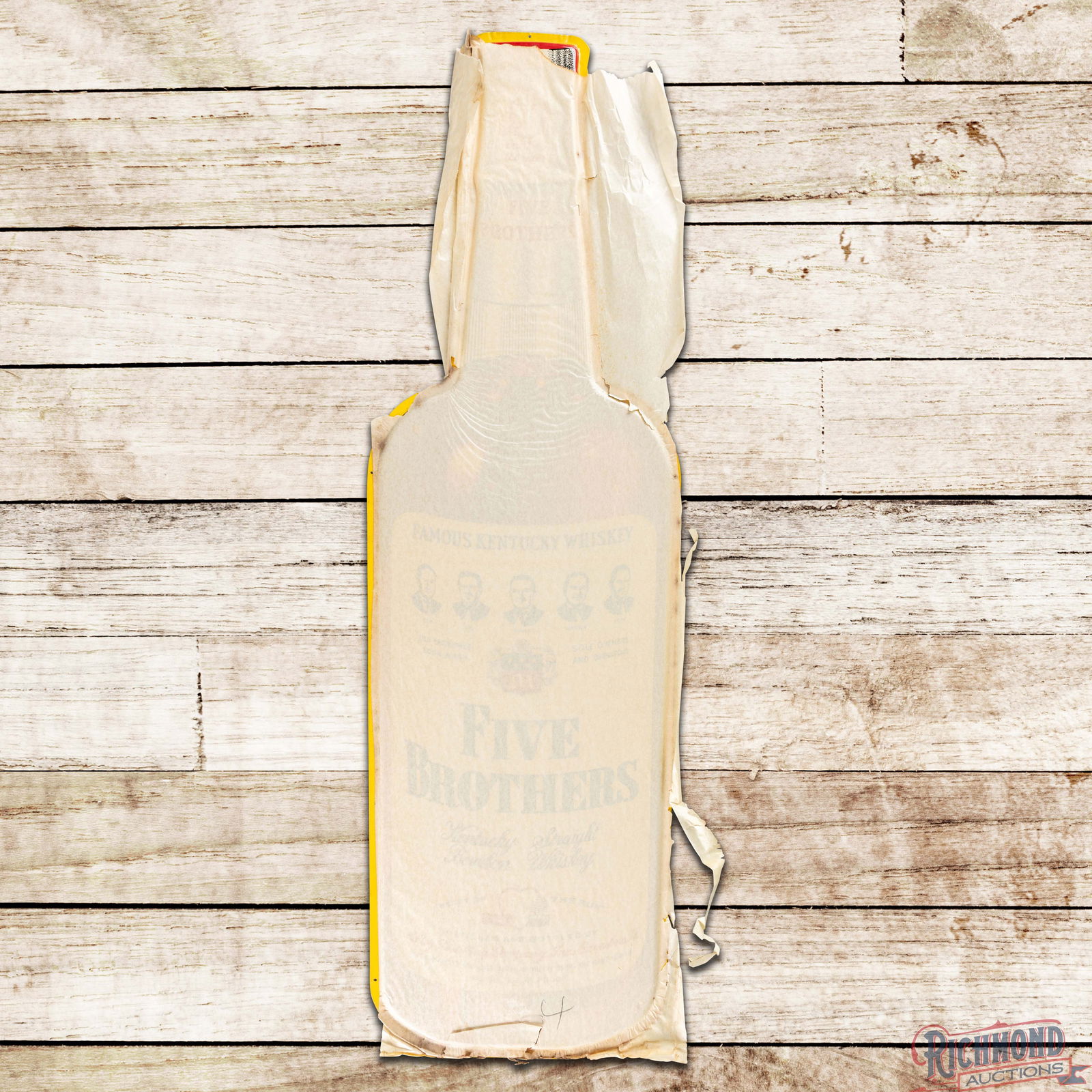 Outstanding NOS 1954 Five Brothers Bourbon Whiskey Die Cut Single Sided Tin Bottle Sign w/ Paper: Amazing NOS (New Old Stock) SST (Single Sided Tin) die cut self-framed sign with the factory paper has day one color and shine. The majority of the sign is covered in paper with light paper residue