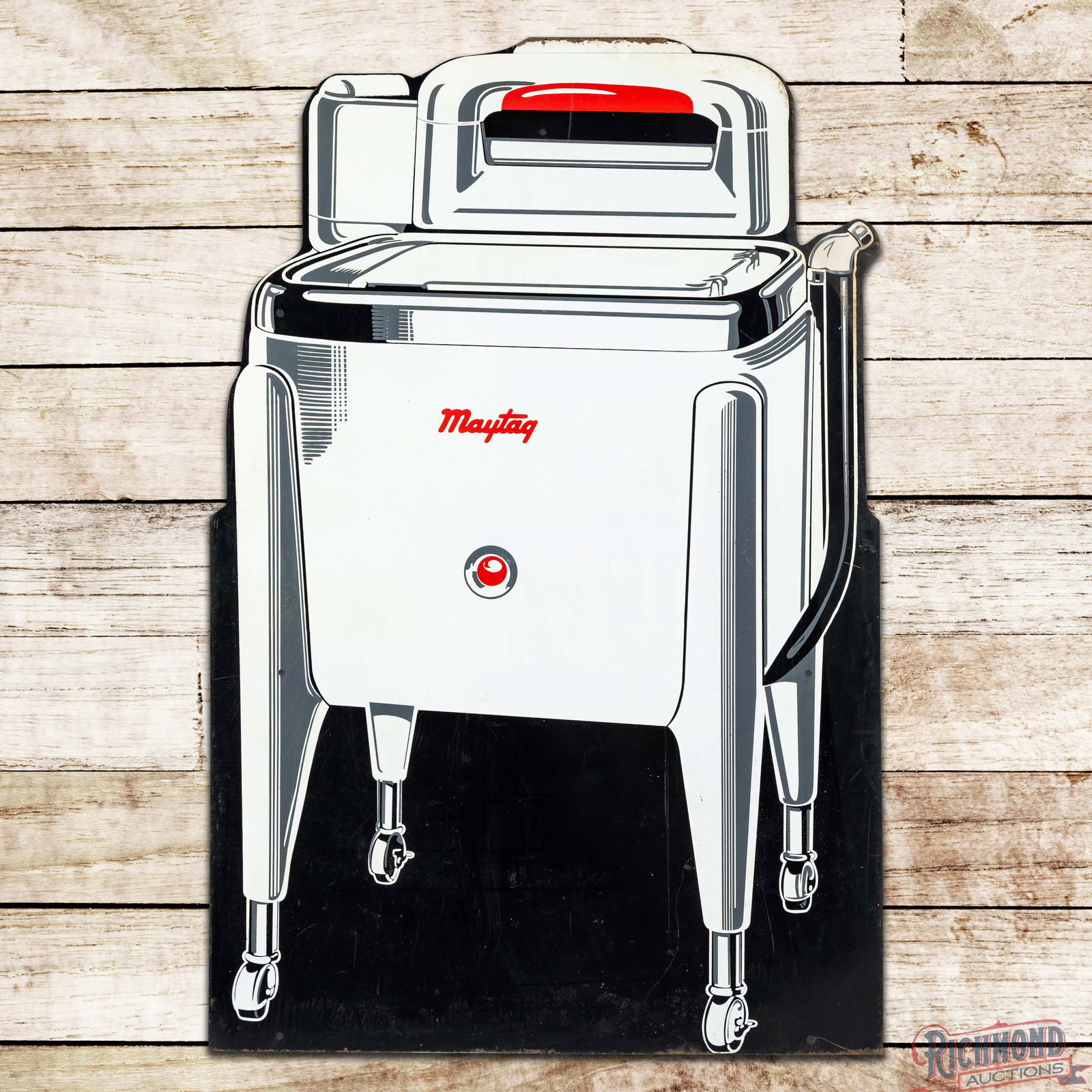 Maytag Washing Machines 6' Die Cut Single Sided Tin Sign: SST (Single Sided Tin) die cut sign has excellent color and shine. The field presents with light wear and fine scratches in the outer fields. The perimeter has minor discoloration along the upper