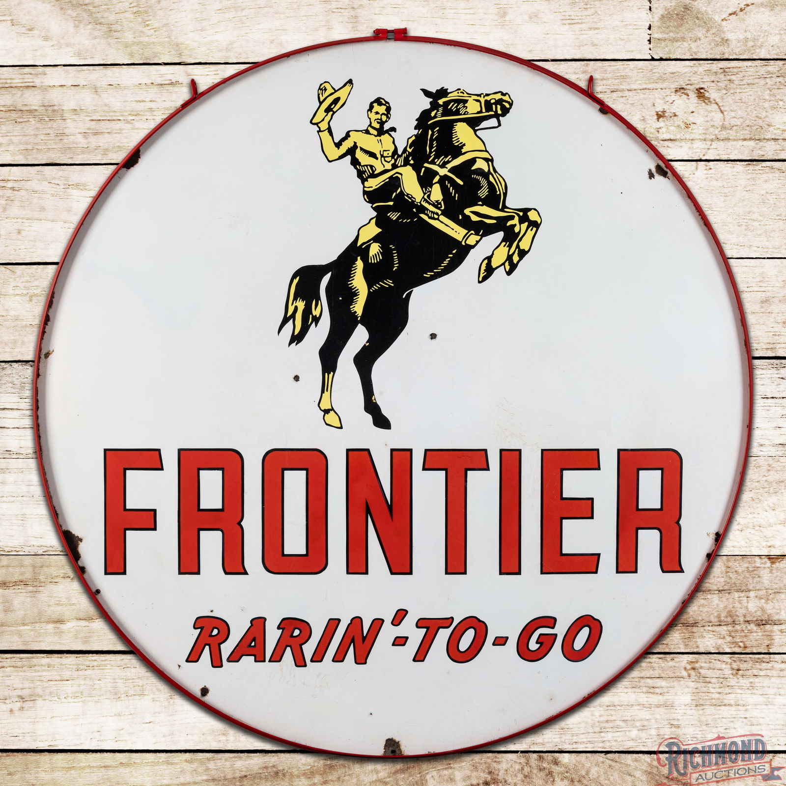 Amazing Frontier Gasoline "Rarin' To Go" 5' Double Sided Porcelain Sign w/ Gold Horse & Rider: Scarce DSP (Double Sided Porcelain) sign has very good color and gloss. The sign features the seldom-seen gold horse and rider with classic red, white and black Frontier porcelain enamel colors. Side