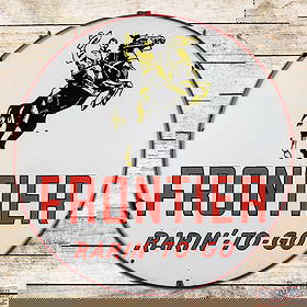 Amazing Frontier Gasoline "Rarin' To Go" 5' Double Sided Porcelain Sign w/ Gold Horse & Rider: Scarce DSP (Double Sided Porcelain) sign has very good color and gloss. The sign features the seldom-seen gold horse and rider with classic red, white and black Frontier porcelain enamel colors. Side