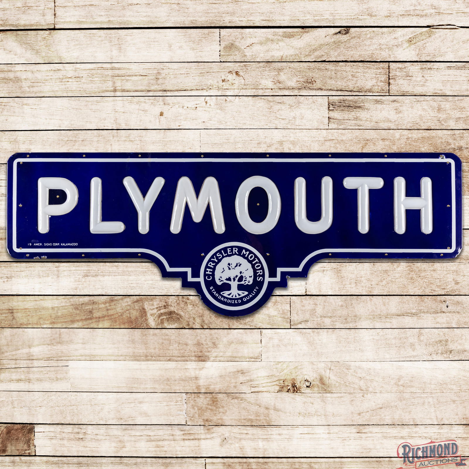 Amazing Plymouth Single Sided Porcelain Lighted Milk Glass Sign w/ Early Chrysler Motors Logo: Impressive SSP (Single Sided Porcelain) die cut milk glass sign with a new brass can has day one color and gloss. The field is exceptionally clean with minor imperfections along the milk glass letteri