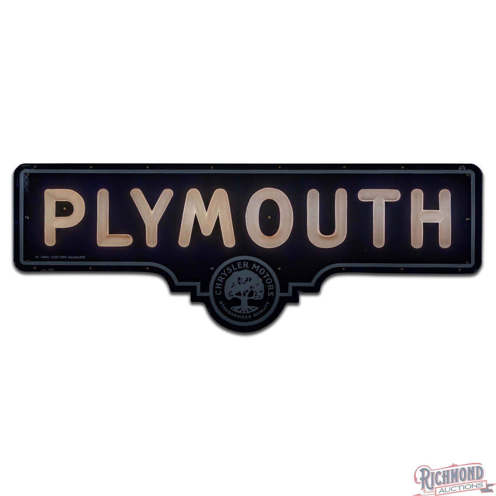 Amazing Plymouth Single Sided Porcelain Lighted Milk Glass Sign w/ Early Chrysler Motors Logo - 3