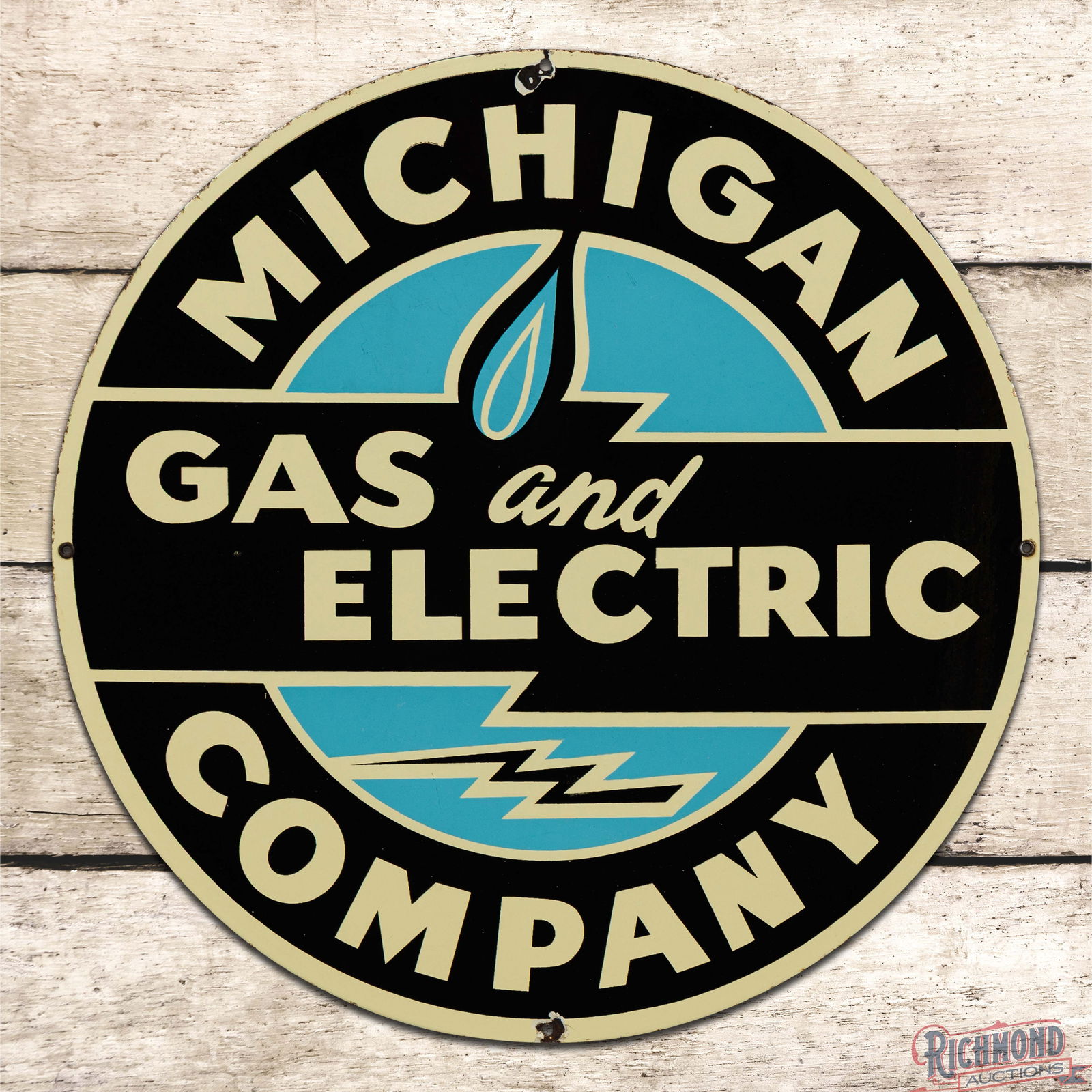 Excellent Michigan Gas and Electric Company 24" Single Sided Porcelain Sign: SSP (Single Sided Porcelain) sign has outstanding color and gloss. The fields are clean with minor surface imperfections. The perimeter has small chips at the upper and lower mounting holes with