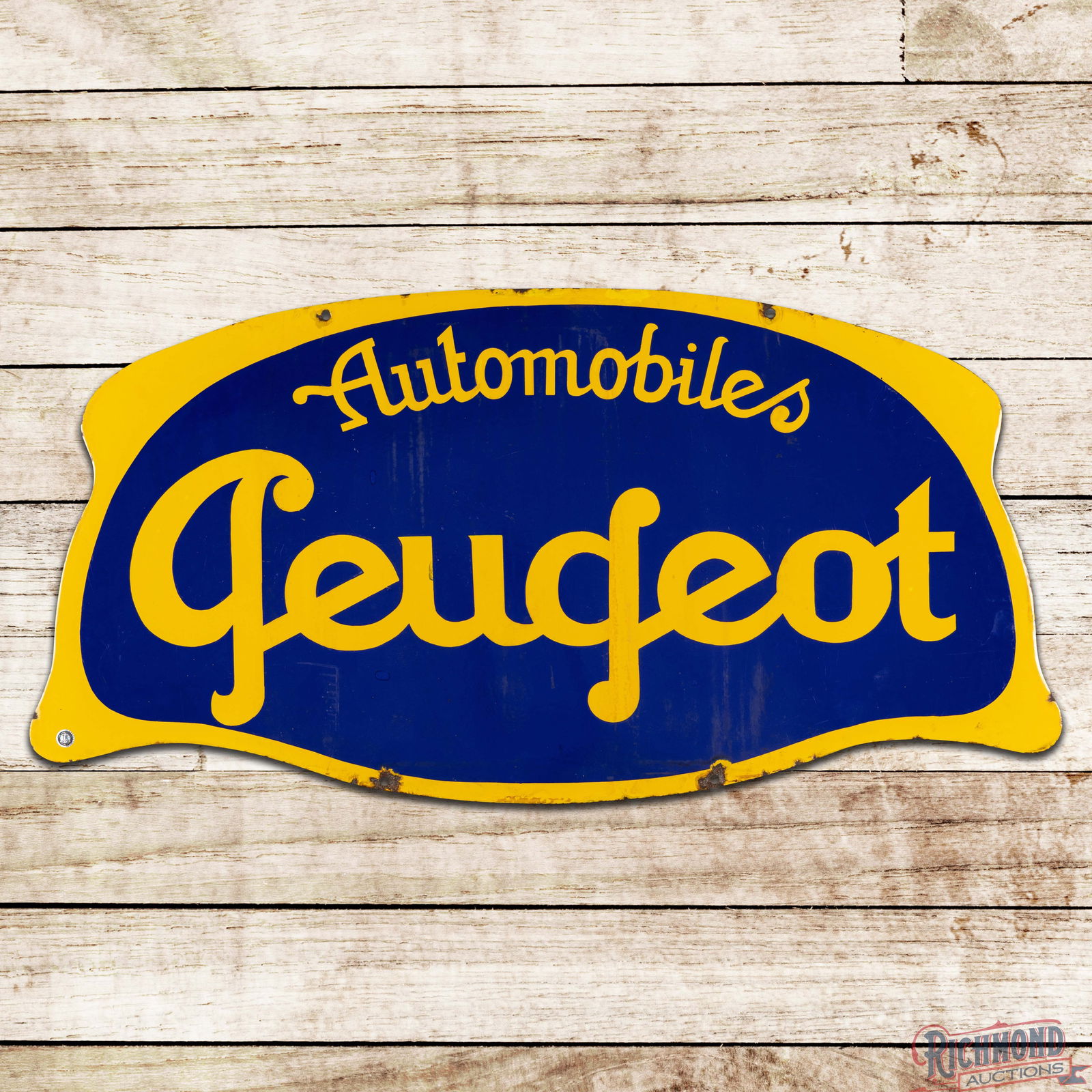 Peugeot Automobiles Die Cut Double Sided Porcelain Sign: DSP (Double Sided Porcelain) die cut sign has very good color and gloss. Side #1 has light wear with areas of discoloration in the field. The perimeter has chips at the mount holes with edge wear.