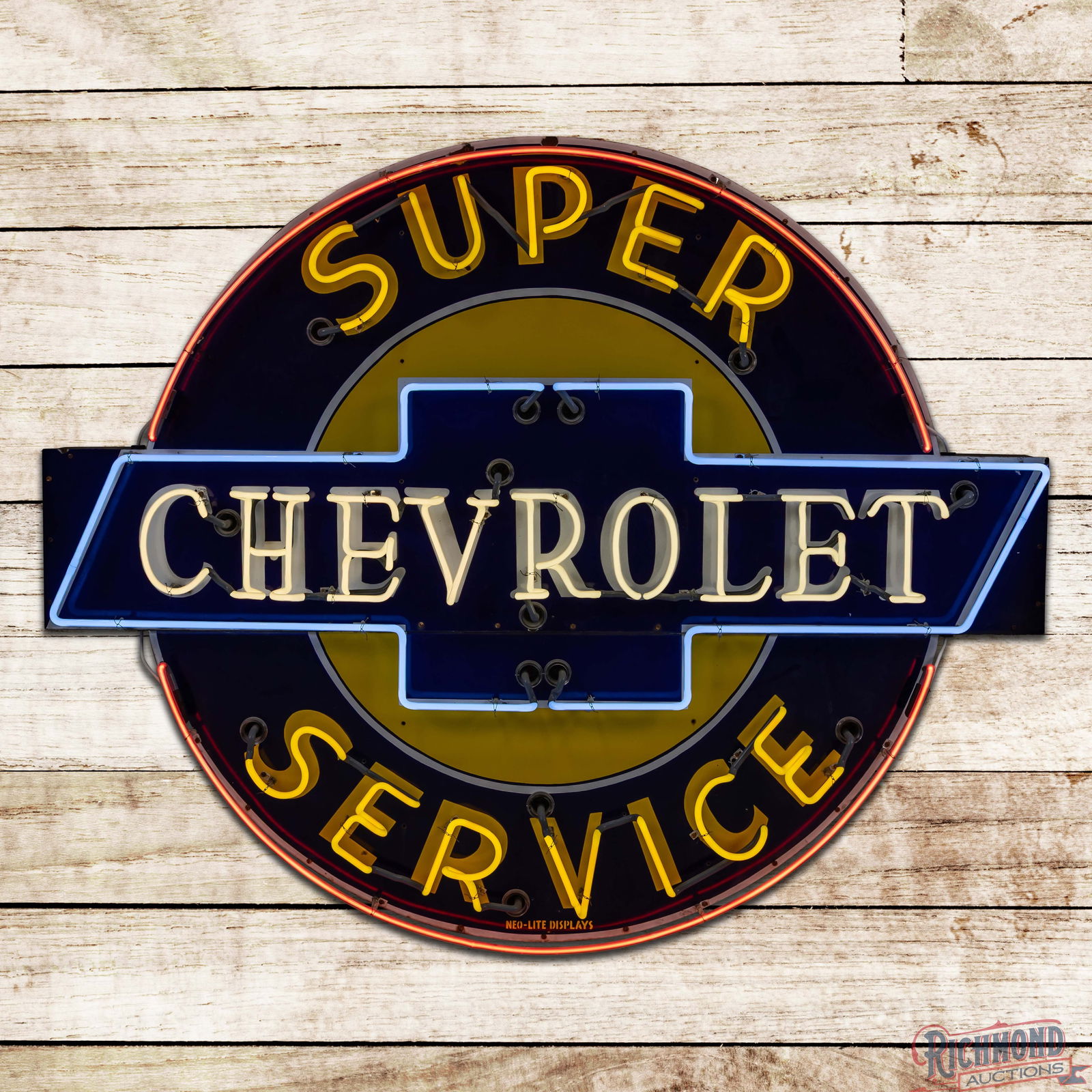 Amazing Chevrolet Super Service 5' Die Cut Single Sided Porcelain Factory Neon Sign w/ Logo: Impressive SSP (Single Sided Porcelain) two-piece factory neon sign with a new metal can has excellent color and gloss. The field is very clean overall with minor discoloration at stand supports and u