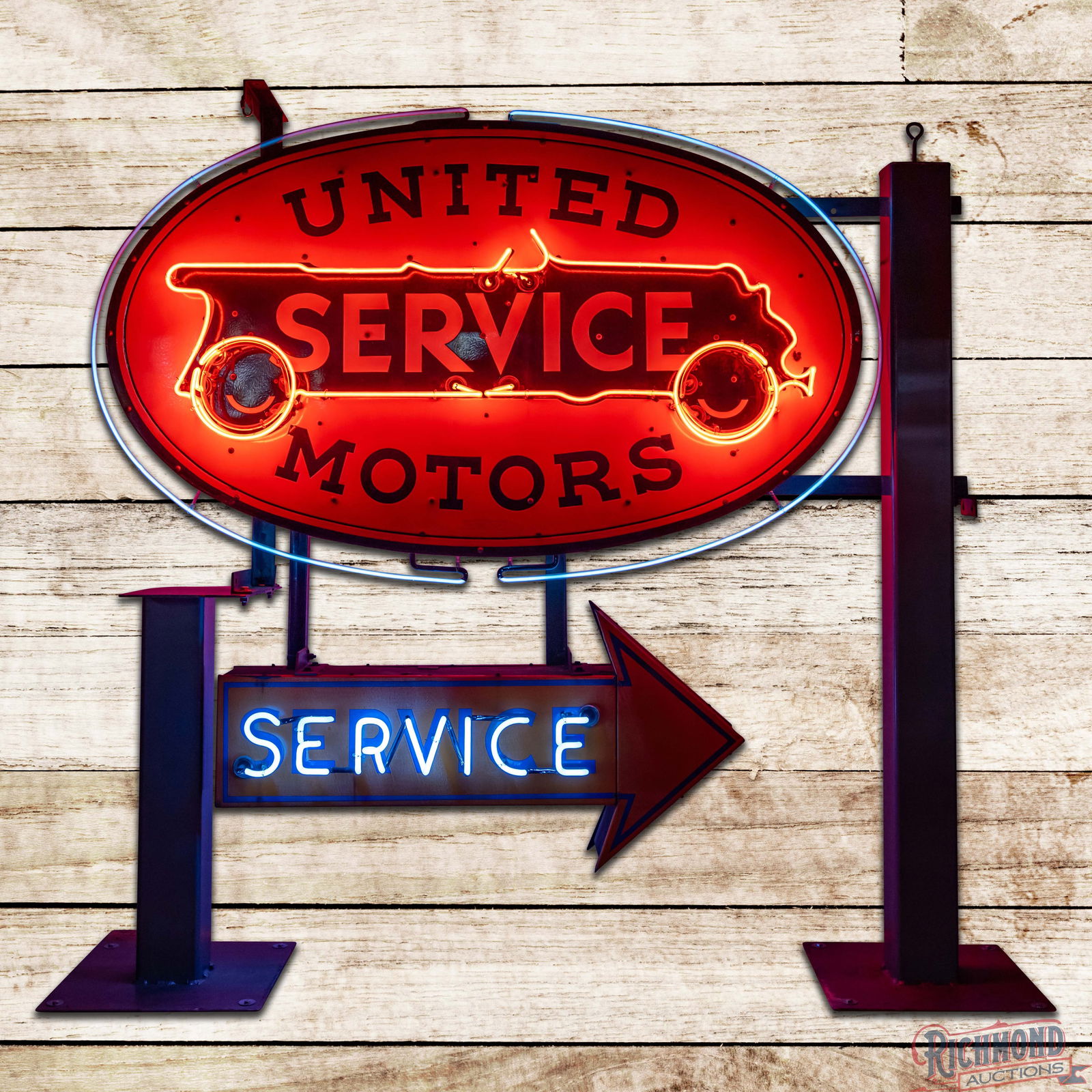 Scarce United Motors Service 6' Double Sided Porcelain Factory Neon Sign w/ Service Arrow "Animated": Amazing DSP (Double Sided Porcelain) factory neon sign with rare DSP (Double Sided Porcelain) factory neon Service Arrow mounted on the factory cans has good color and gloss. The sign features two-col